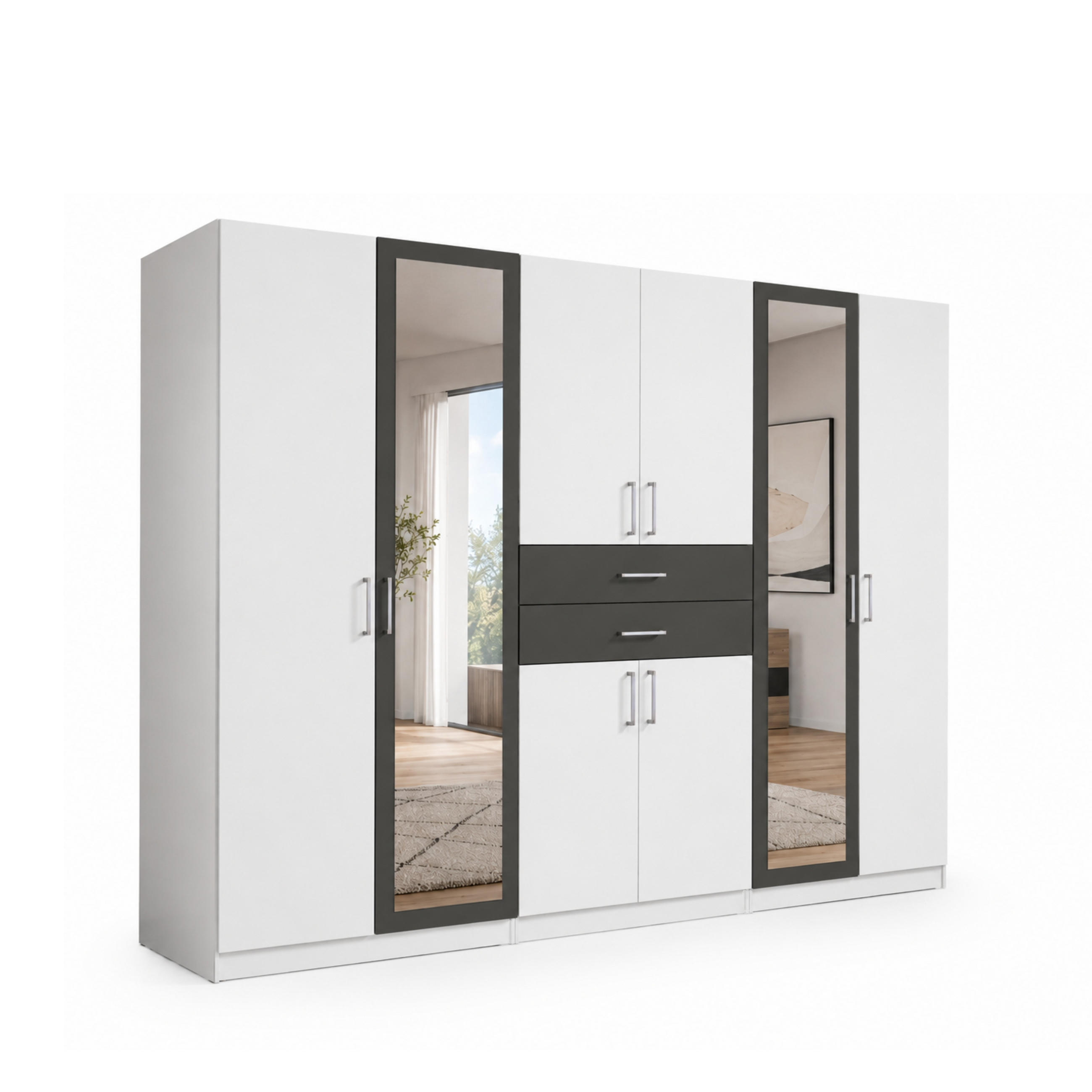 DREHTÜRENSCHRANK Kleiderschrank B270/H208/T58 cm mit Schubkästen & 2 Spiegeltüren, Weiß mit Absetzungen in Grafit / 22594 - Silberfarben/Graphitfarben, Holzwerkstoff/Kunststoff (270/208/58cm) - luma-home