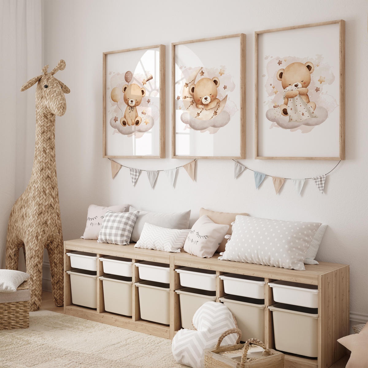 SADA PLAGÁTOV Do Detskej Izby Spiace Medvede Na Oblakoch Hviezdy 3x Plagát A3 30 x 42 cm - hnedá/biela, papier (30/42/1cm) - Muralo