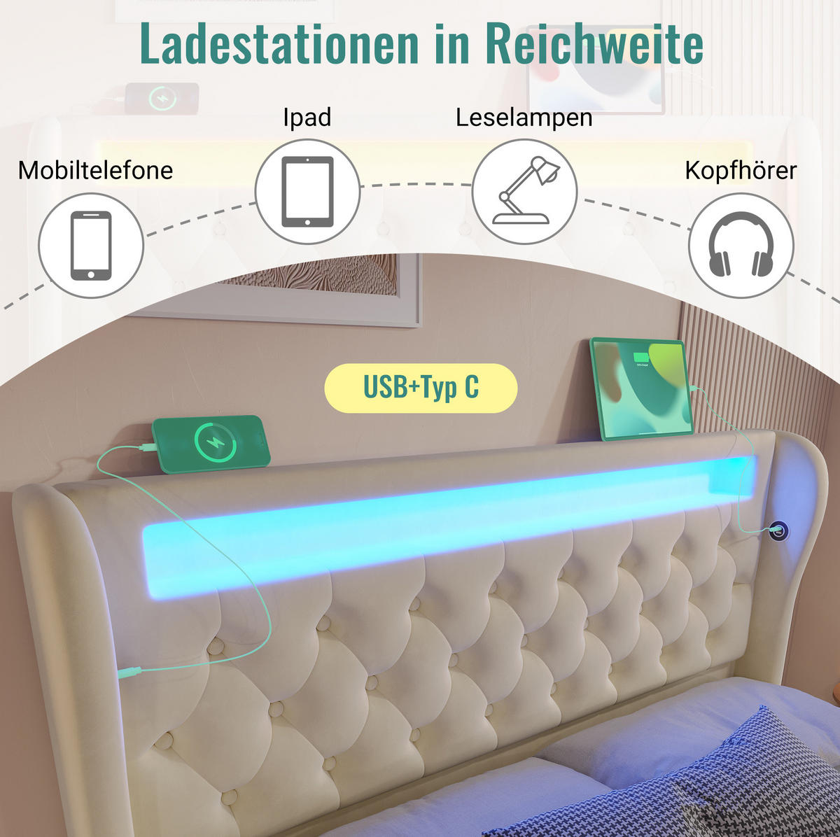 POLSTERBETT 140/200 cm Beige aus Samt mit LED und Stauraum - Beige, Textil (140/200cm) - OKMYHOME