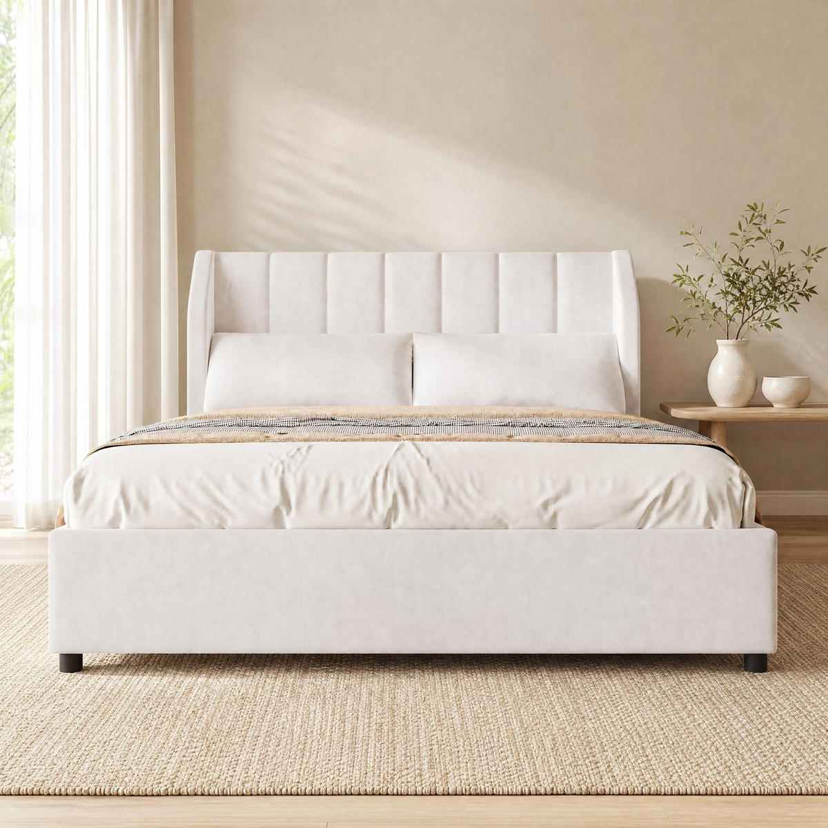 POLSTERBETT 140/200 mit gepolstertem Kopfteil und Lattenrost in Beige - Beige, Holzwerkstoff/Textil (140/200cm) - EVRYAE