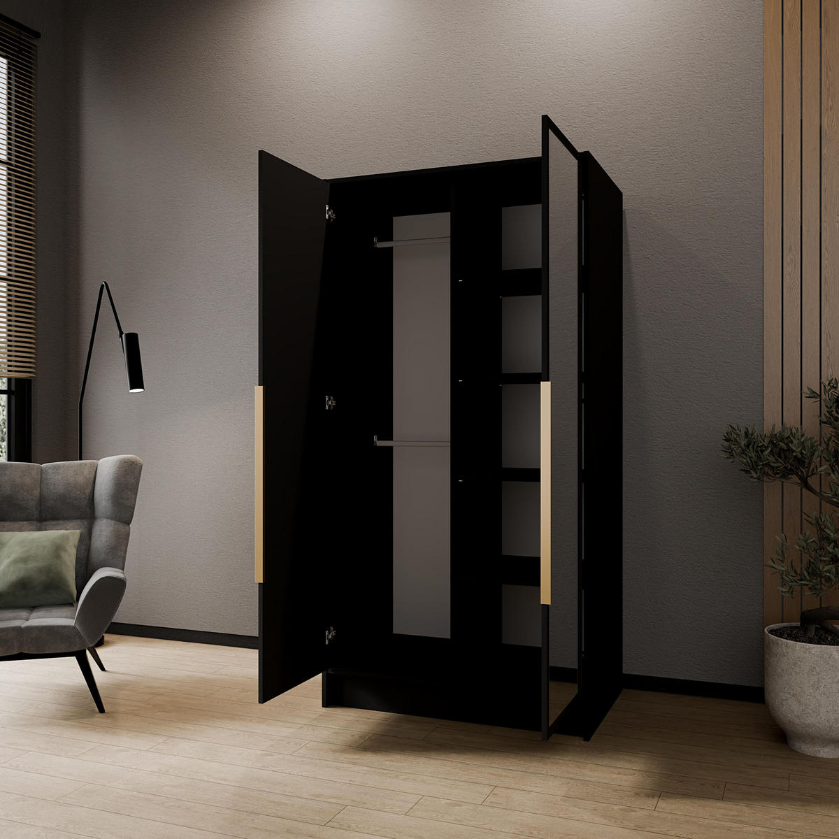 KLEIDERSCHRANK Mono Lux mit Speigel, Drehtüren mit Goldene Metallgriffe, Schwarz 102/200/51 cm - Schwarz, Holzwerkstoff (102/200/51cm) - WFL GROUP