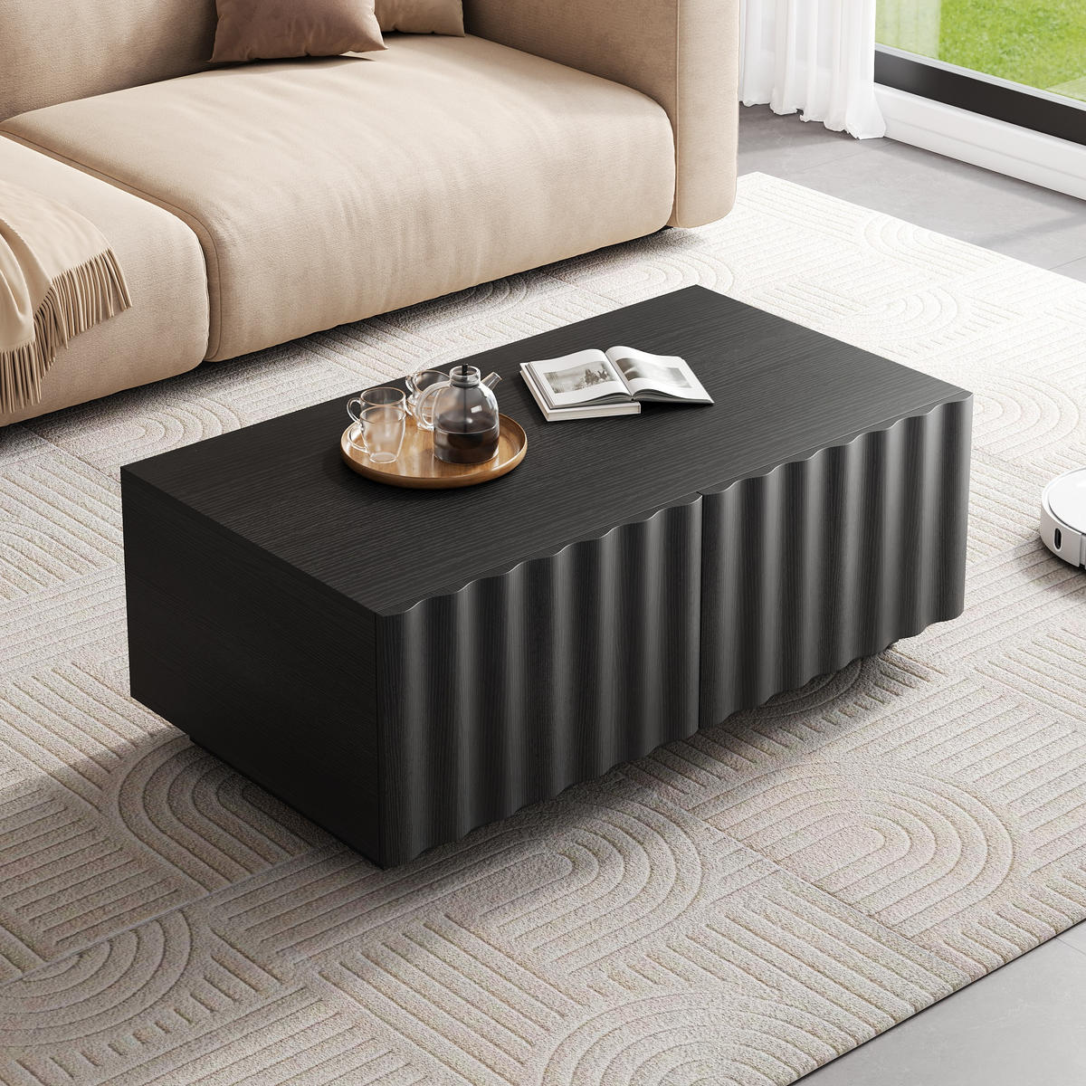 COUCHTISCH Wellenmuster 2 Schubladen modern Stauraum - Schwarz, Holzwerkstoff (100/50/40cm) - FLIEKS