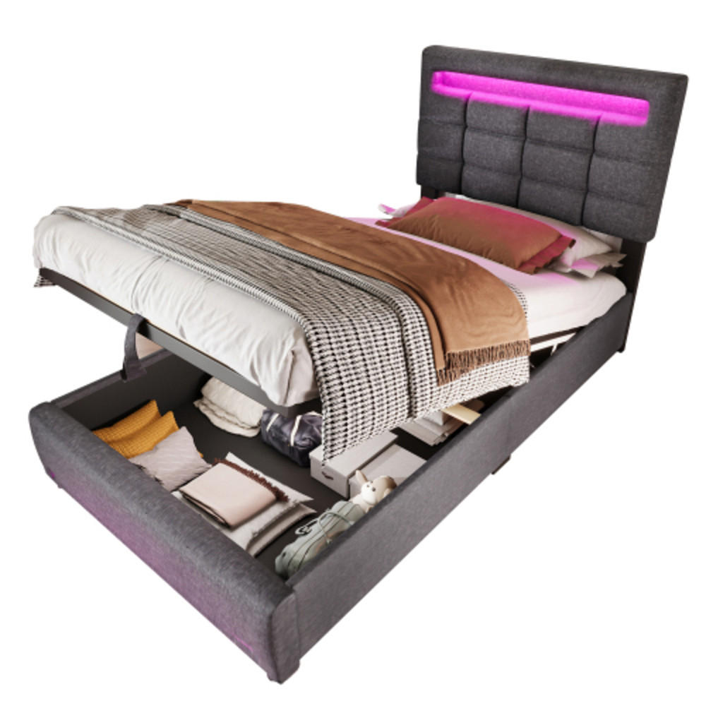 POLSTERBETT 90 × 200 cm mit Leinenbezug, hydraulischem Stauraum, 16-Farben-LED-Leiste und USB-Anschluss, grau - Grau, Textil (90/200cm) - Luhomfu