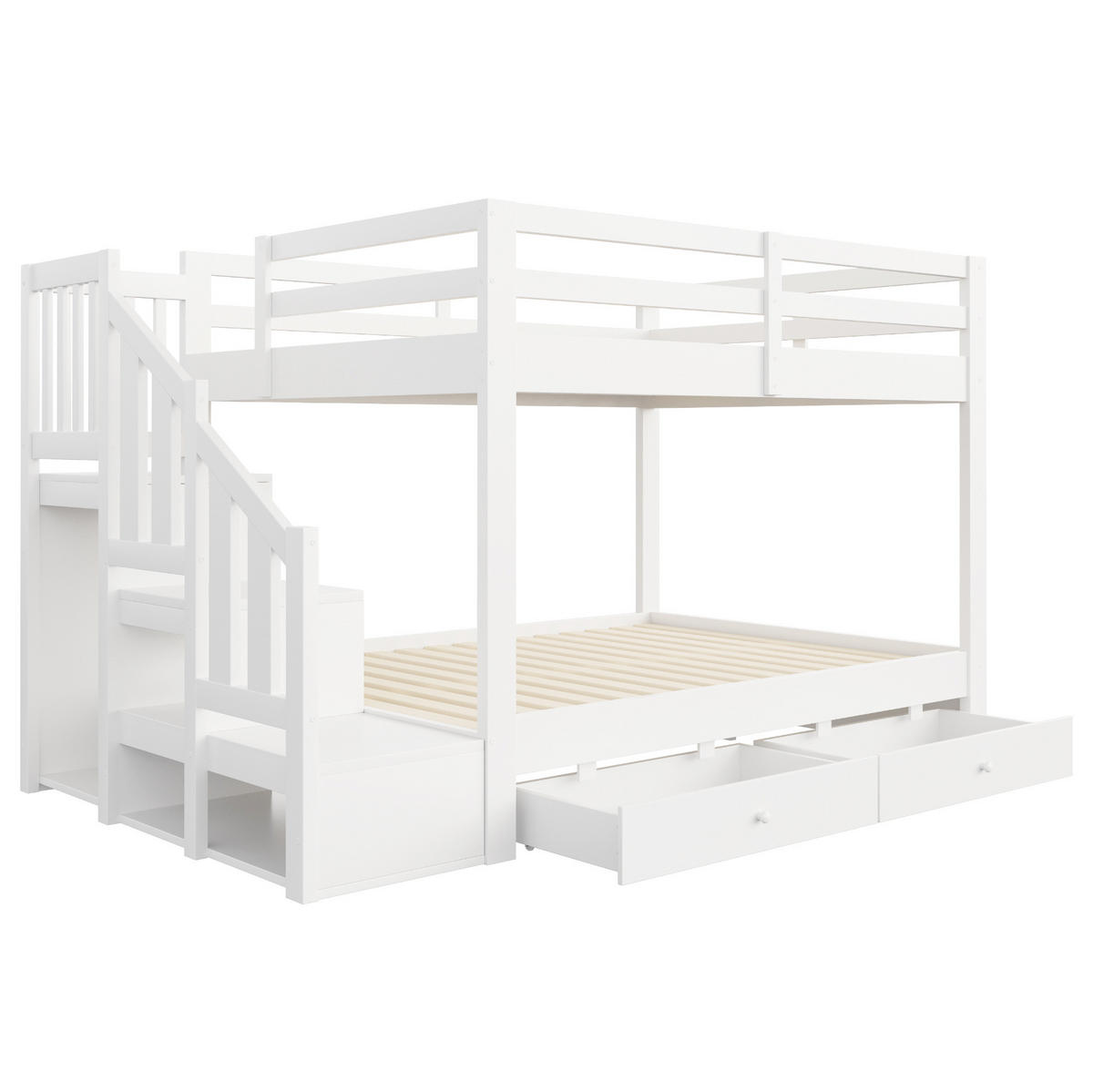 ETAGENBETT 140x200 cm Weiß mit Stauraumtreppe, Kleiderhaken und 2 Schubladen - Weiß, Holz (140/200cm) - Modfu