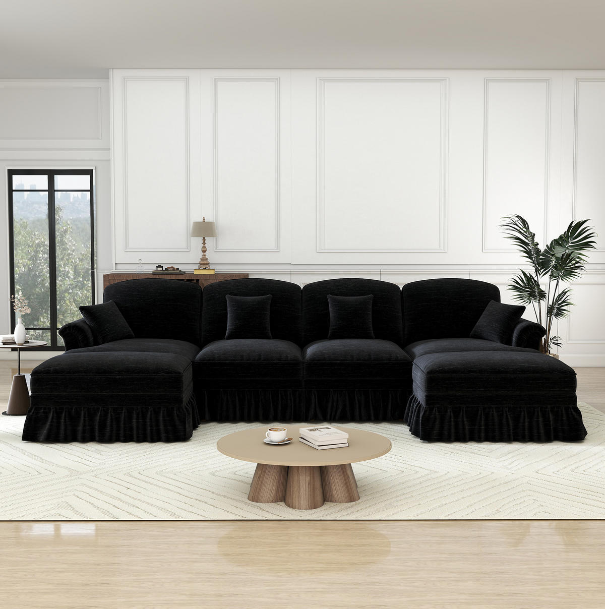 ECKSOFA 350/140/93 cm schwarz aus Chenille mit abnehmbarem Volant und beweglichem Hocker - Schwarz, Textil (140/350cm) - OKWISH