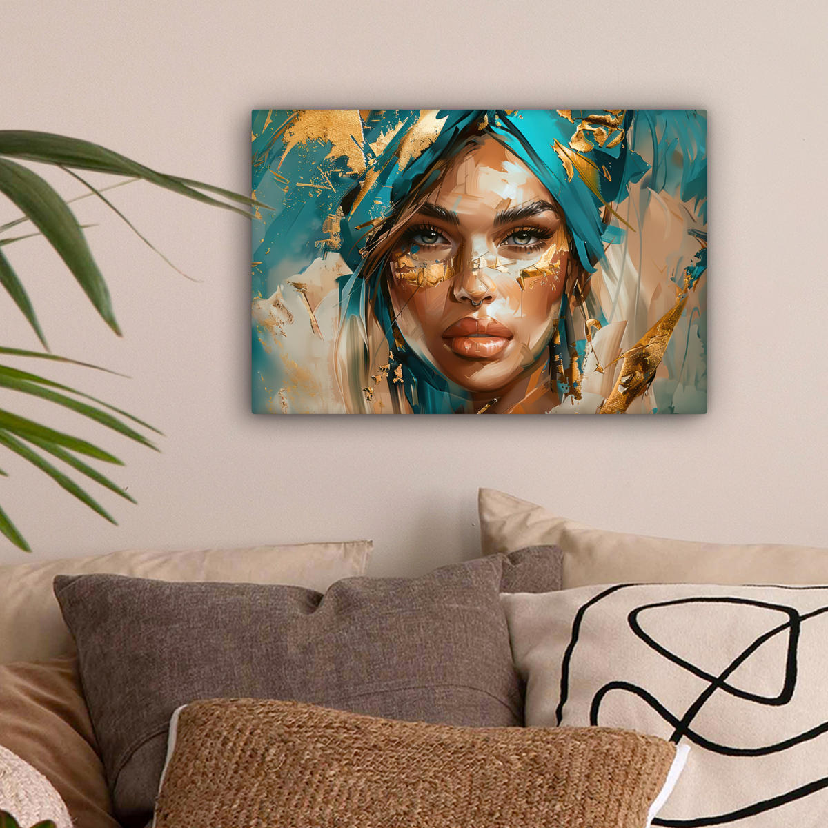 LEINWANDBILD - Frau - Porträt - Gold - Luxus - Blau - 30x20 - Deko XXL - Türkis, Textil (30/20cm) - MuchoWow