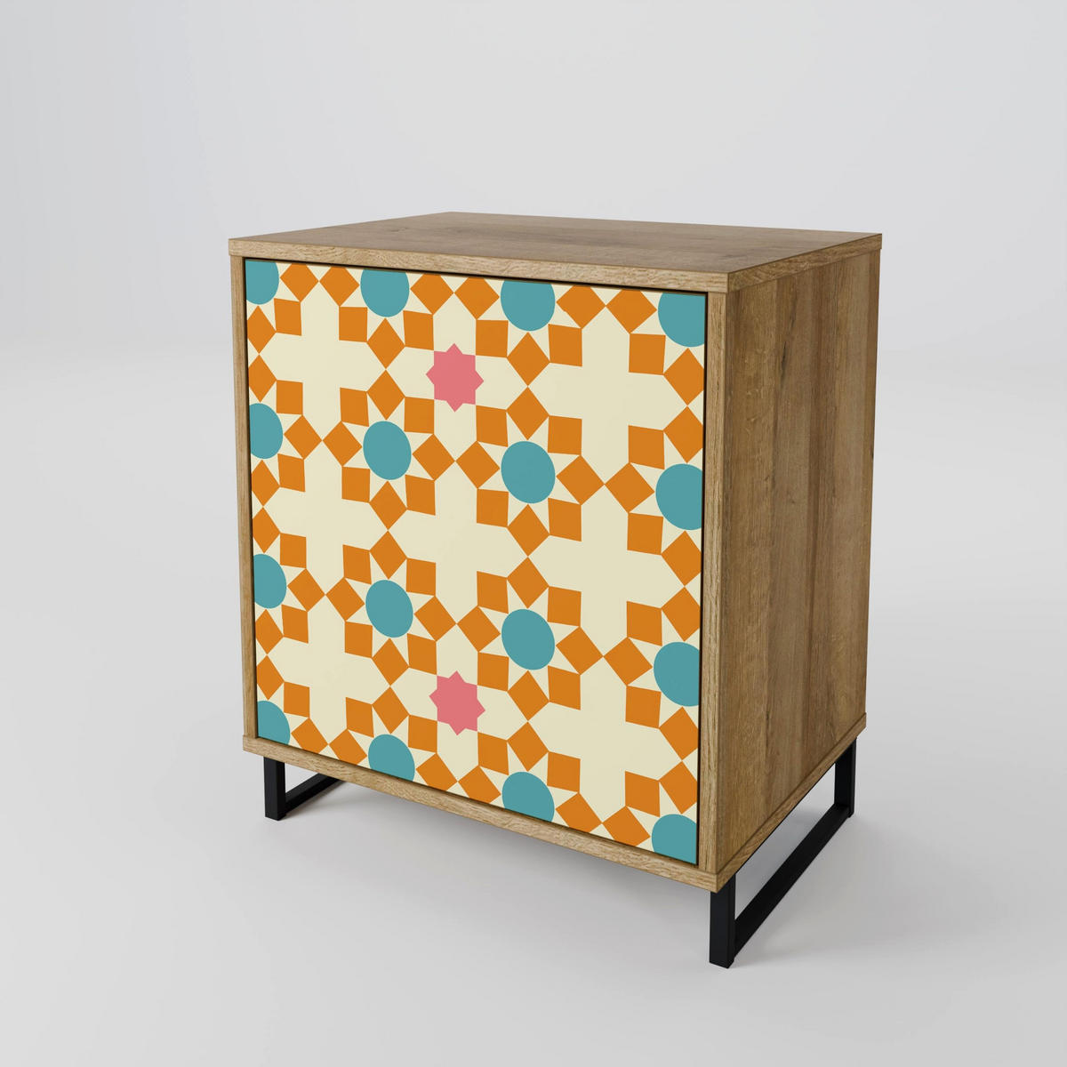SIDEBOARD FLORAL DECOR, Eichefarben, 57,5x42x70,5 cm, Schwarze Metall-Sternfüße - Eichefarben/Multicolor, Holzwerkstoff/Metall (57.5/70.5/42cm) - SpaceRebels