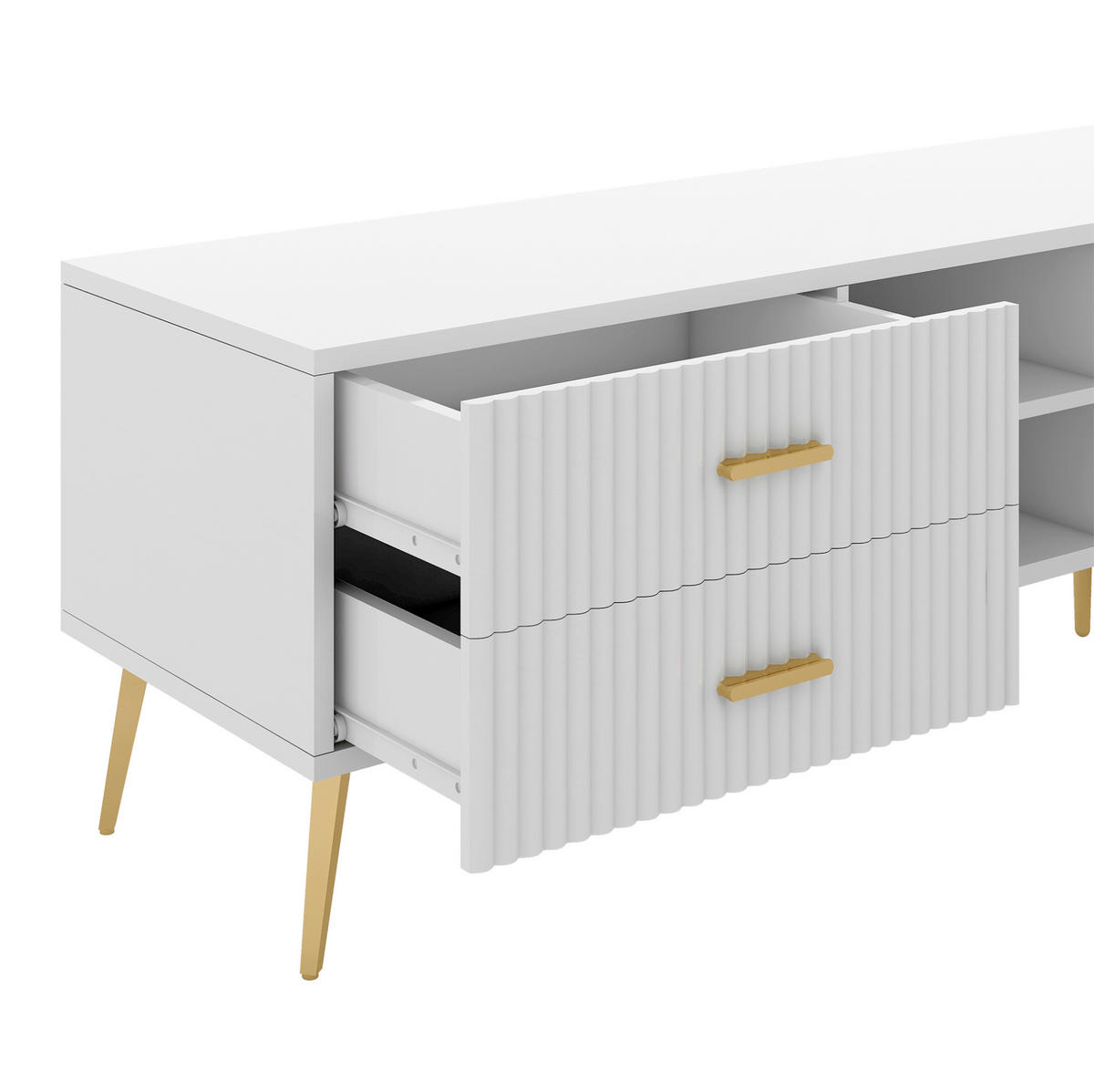 TV stolek 180/35/41 cm pro TV do 80 palců, se 2 zásuvkami a 2 dvířky, z MDF, Bílá - bílá, kompozitní dřevo (180/41/35cm) - Redom