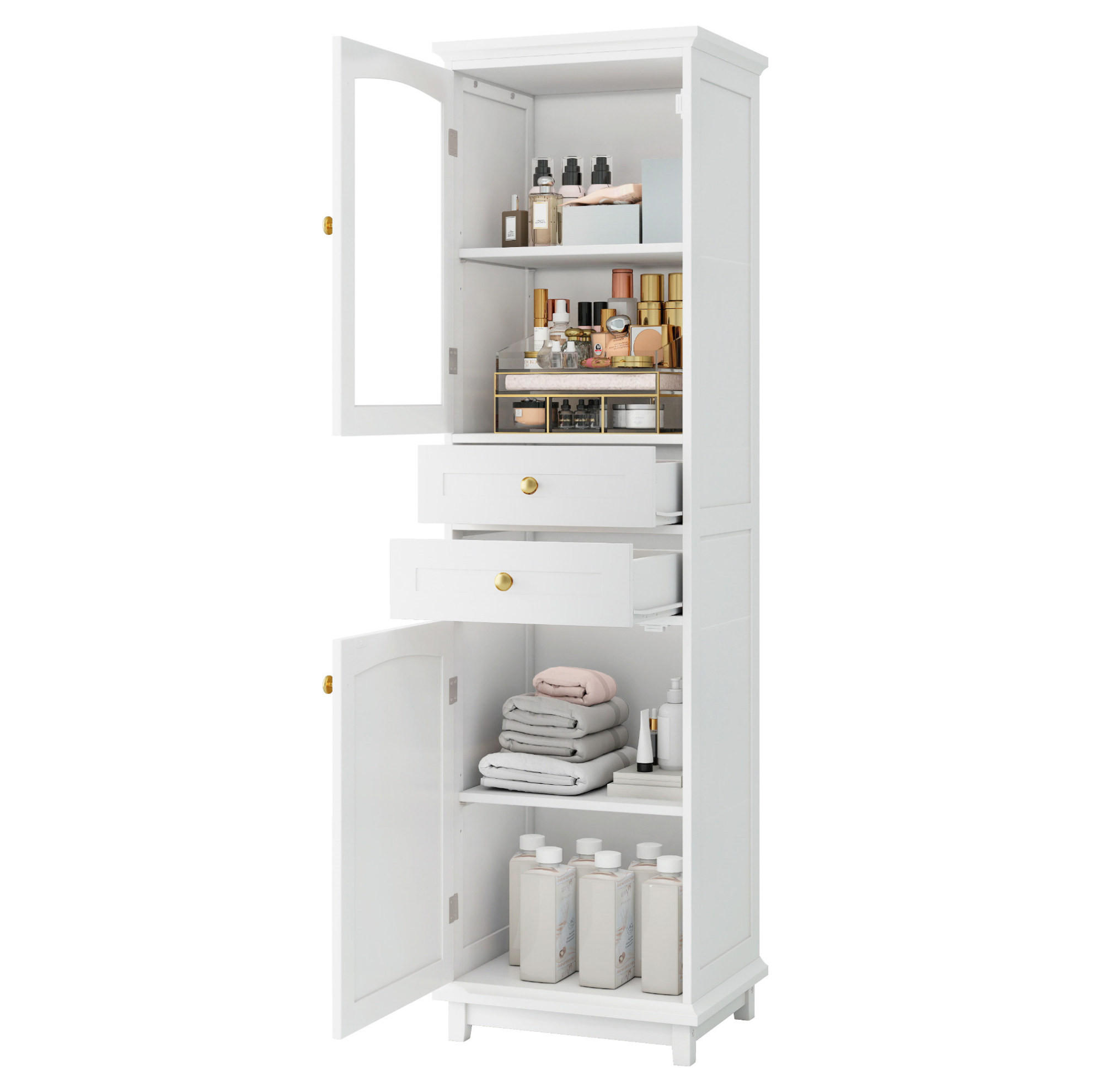 VITRINE 45/36/160 cm aus MDF und Glas mit 2 Schubladen und verstellbaren Einlegeböden Weiß - Weiß, Holzwerkstoff (45/160/36cm) - Modenvie