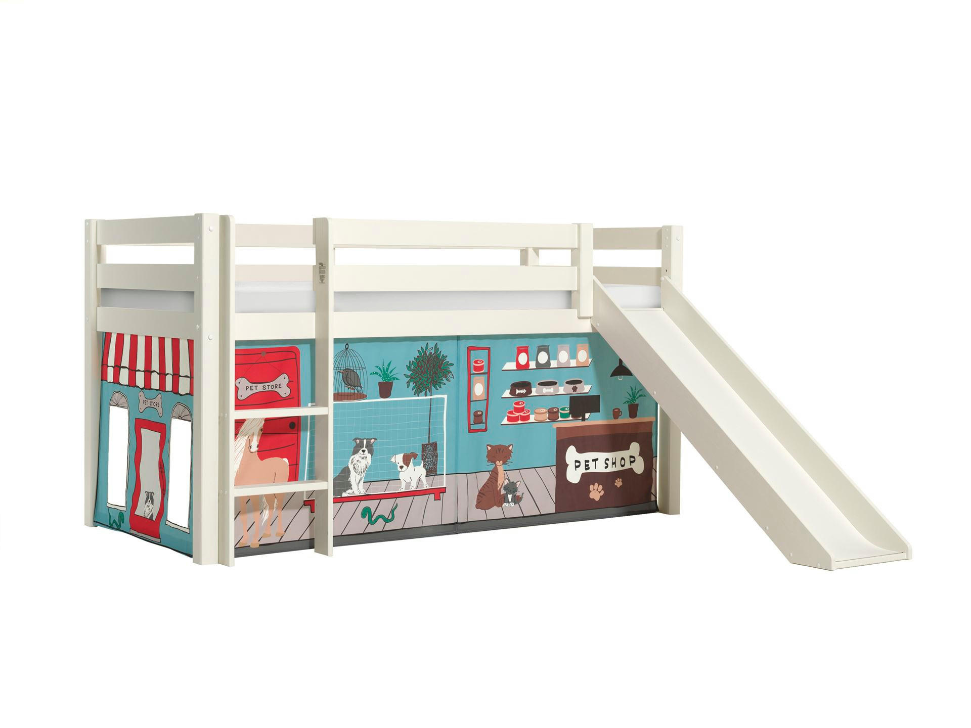 HOCHBETT mit Rutsche Karolina Massivholz Weiß Textilset Pet Shop - Blaugrau/Weiß, Holz (90/200cm) - 58aufmkessel