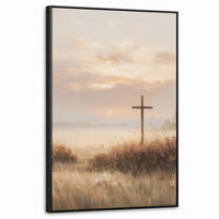 LEINWAND Bilder mit Rahmen - Gras - Morgennebel - Kreuz - Christentum - 60x90 - Beige, Textil (60/90cm) - MuchoWow