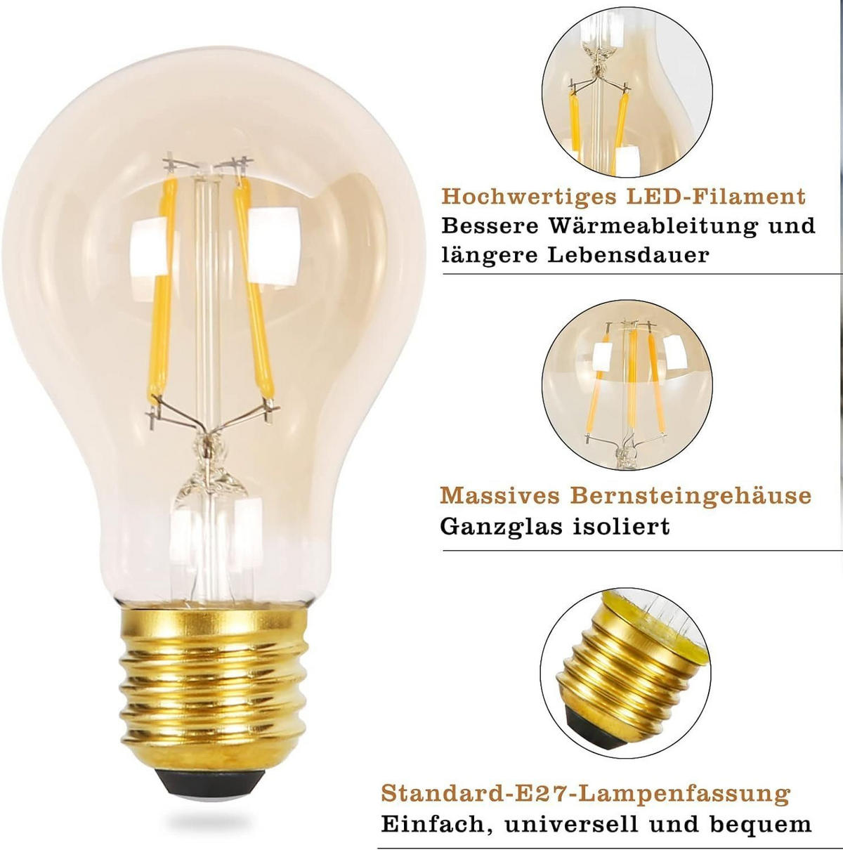LED žárovky E27 4W (sada 6 ks) - průhledná, sklo (6/10.5cm) - Nettlife