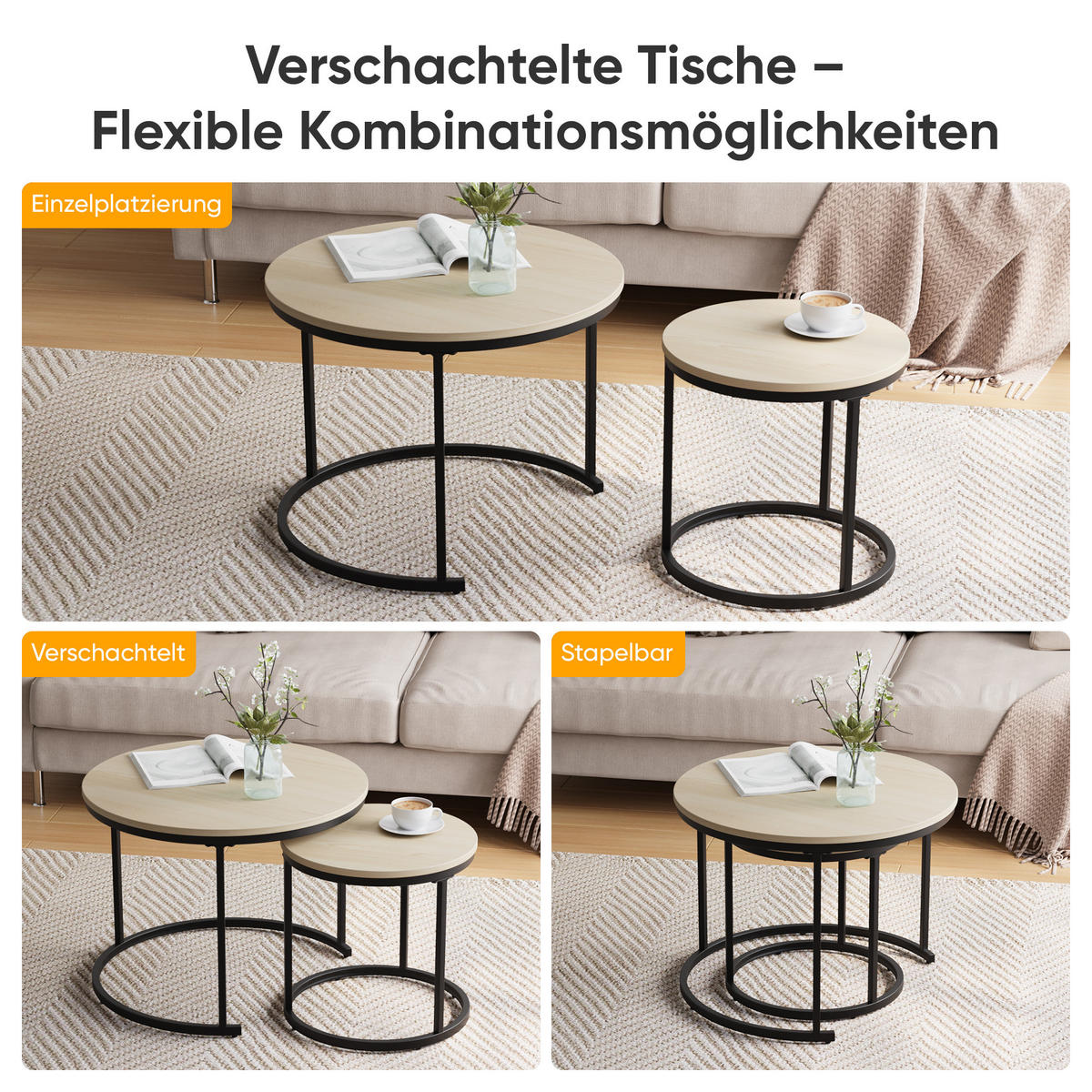 COUCHTISCH-SET Eichefarben 2er-Set 60/60/45 cm - Eichefarben, Metall (60/60/45cm) - PANGIVO