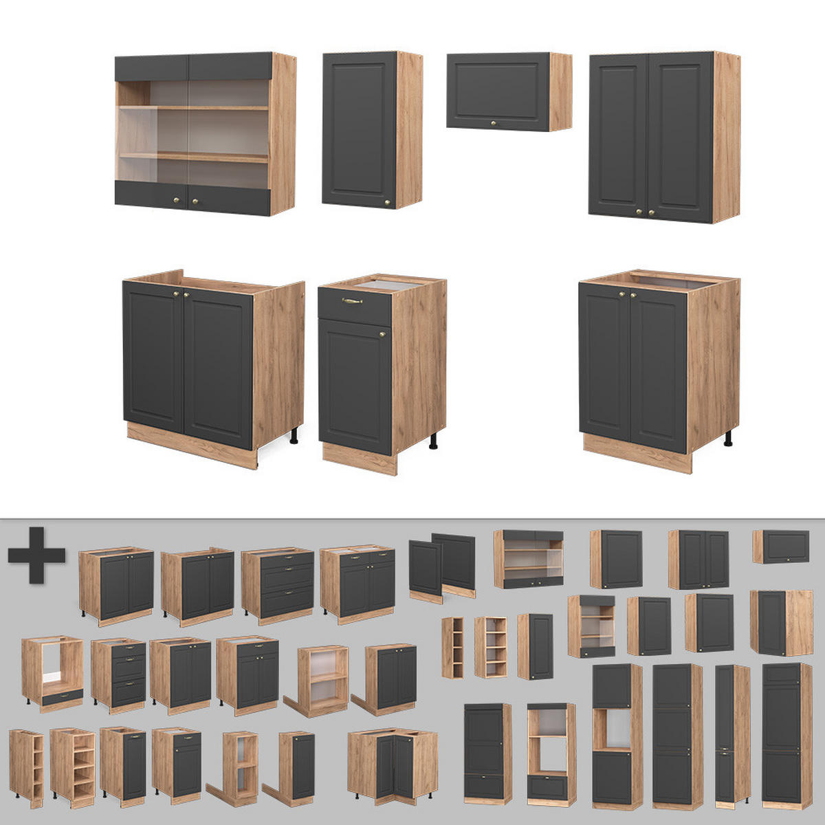 KÜCHENZEILE Fame-Line Anthrazit Landhaus/Goldkraft Eiche 240 cm ohne AP - Dunkelgrau/Eiche Wotan, Holzwerkstoff (240/81.6/46cm) - Vicco