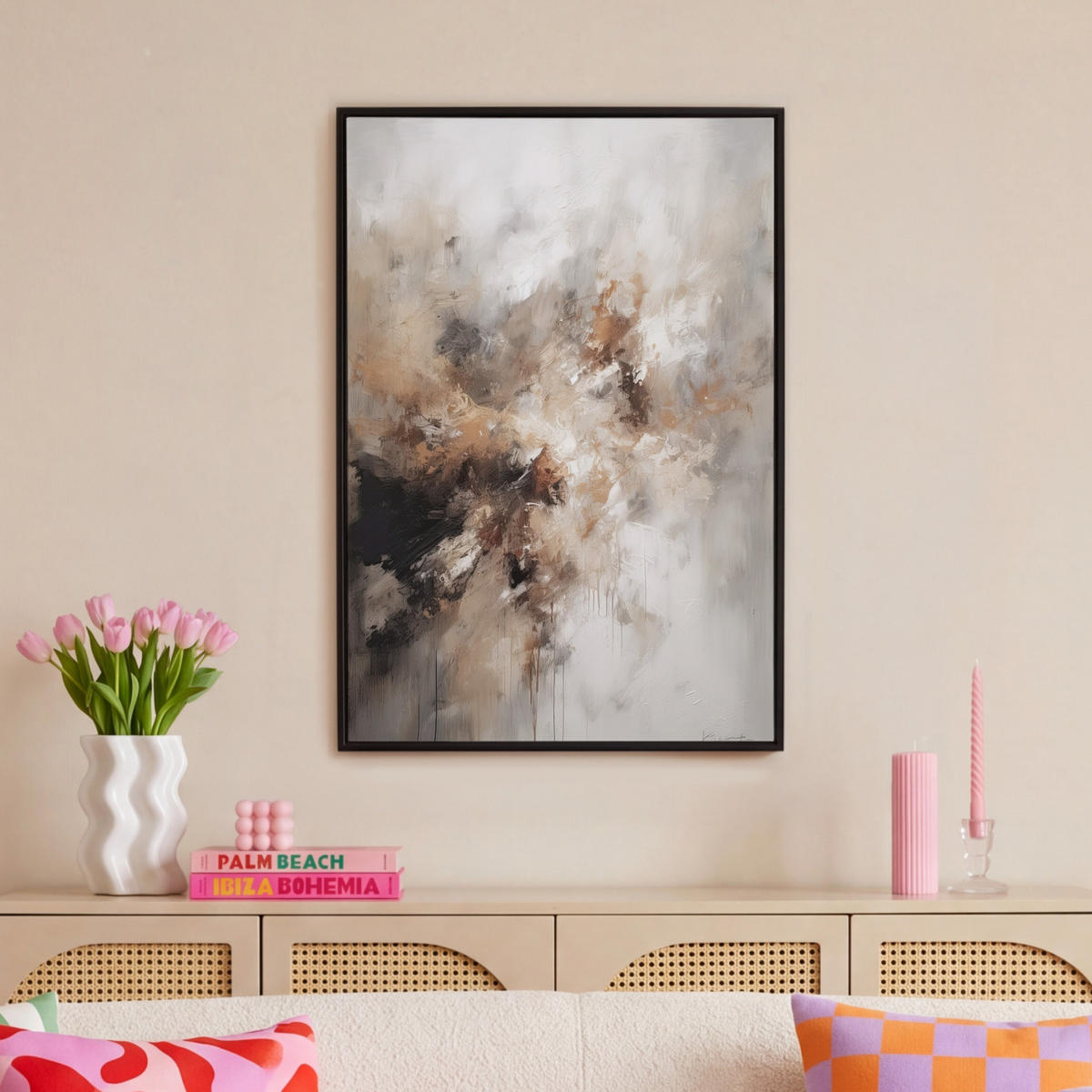 LEINWAND Bilder mit Rahmen - Farbe - Abstrakt - Beige - Kunst - 60x90 - Greige, Textil (60/90cm) - MuchoWow