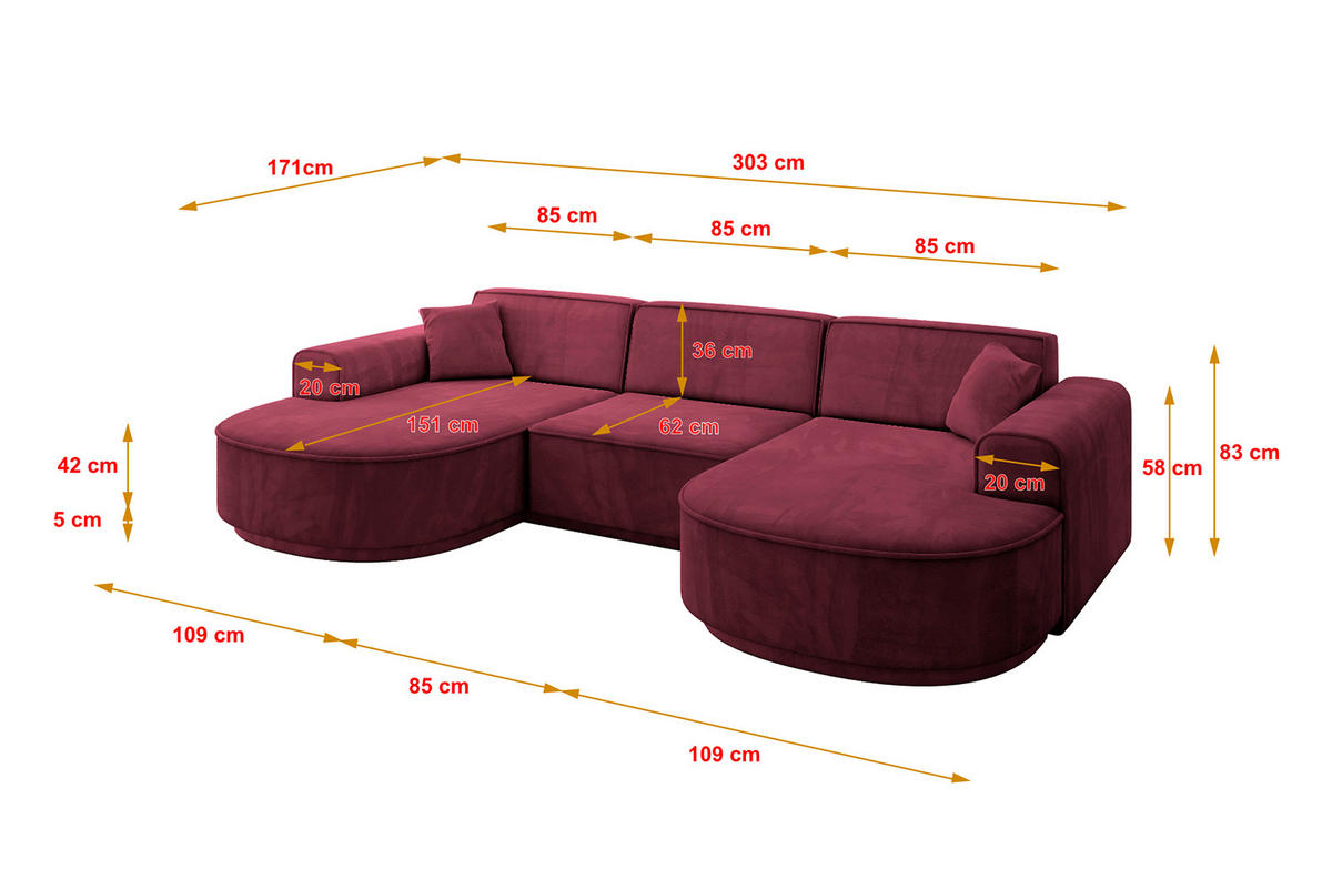 WOHNLANDSCHAFT MARI-U1-v3 - 303x171x83 cm Bordeaux Velours - Bordeaux/Schwarz, Holzwerkstoff/Kunststoff (303/83/171cm) - ALTDECOR