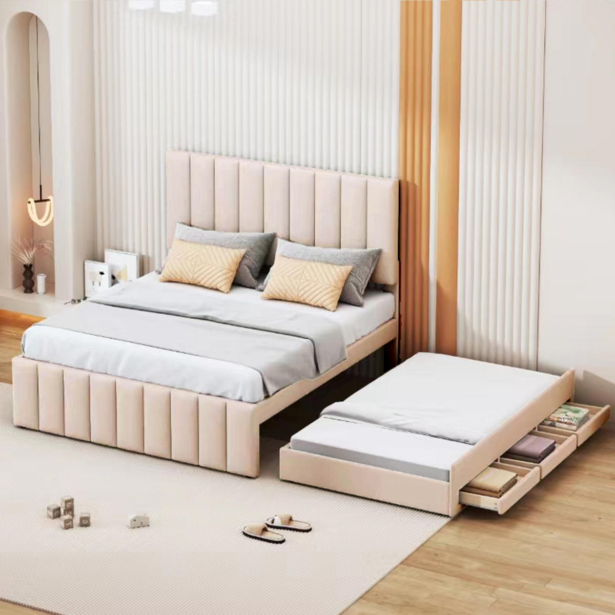 POLSTERBETT 140/200 cm Beige mit Ausziehbett und Schubladen - Beige, Textil (140/200cm) - OKWISH