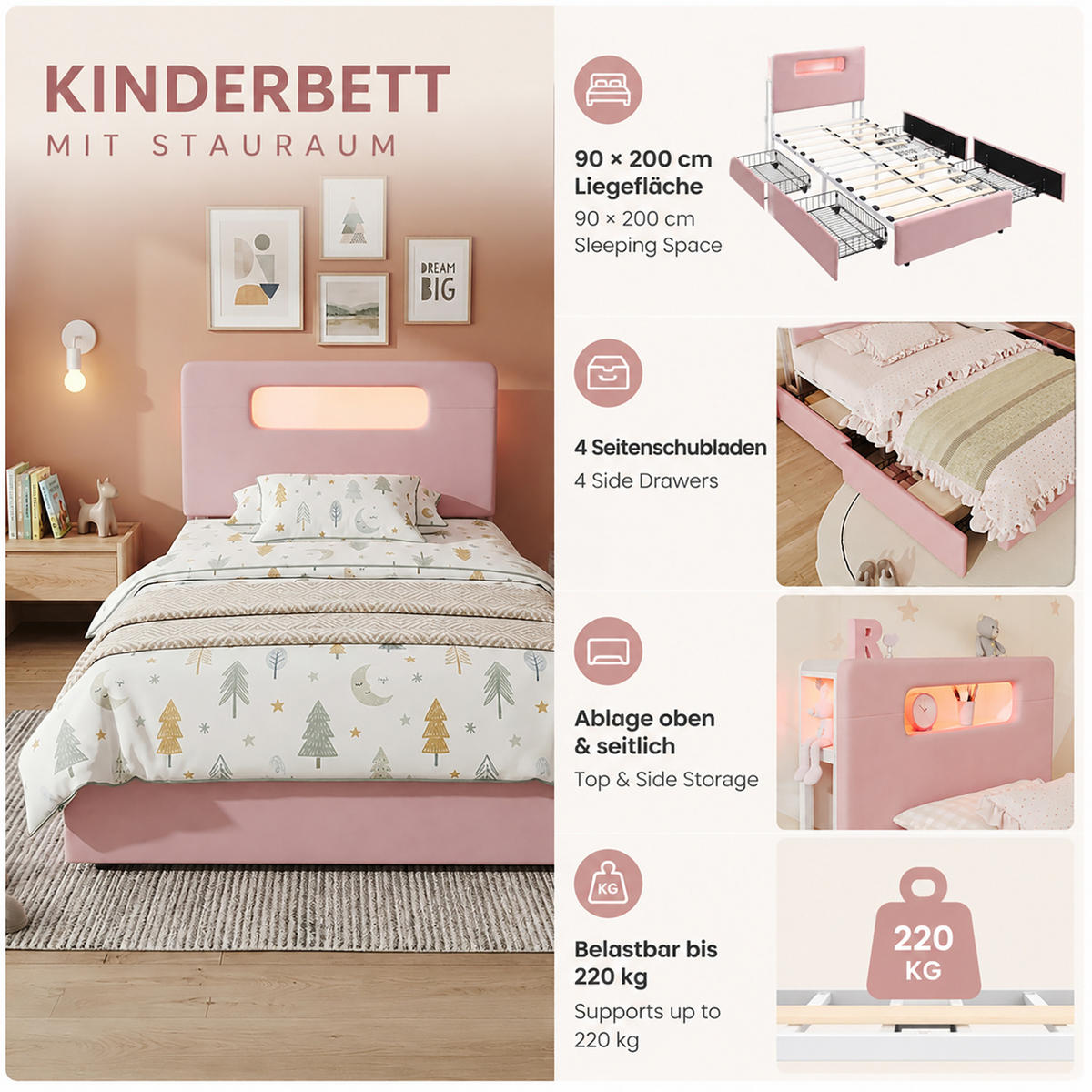 KINDER-POLSTERBETT aus Samt 90x200 cm Rosa mit 4 Schubladen und App-gesteuerter LED-Beleuchtung - Pink, Textil (90/200cm) - Modfu