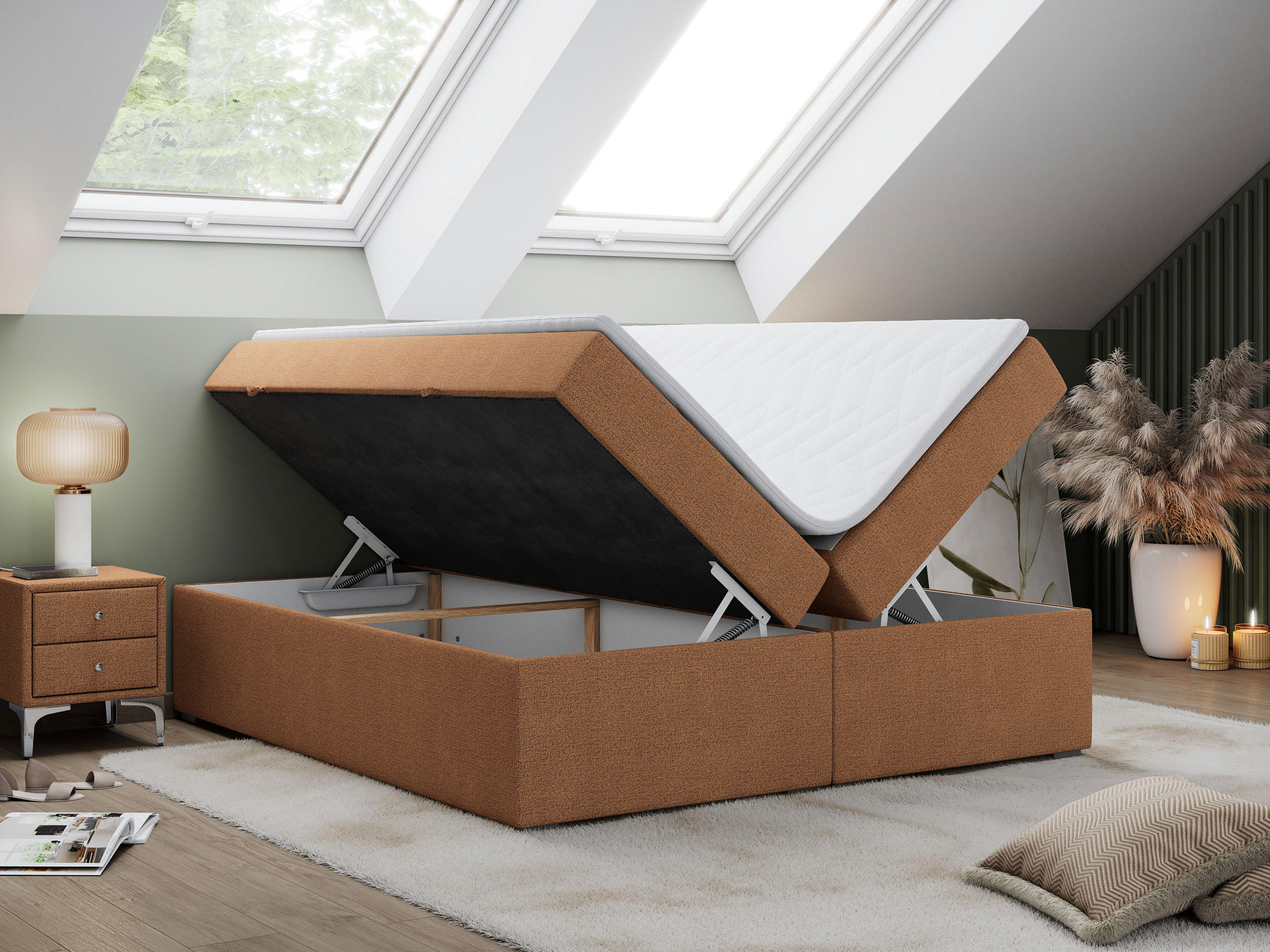 Thumbnail - MKS Boxbett, Orange, Textil, 2-Sitzer, H4, Rechteckig, 200x200 cm, Schlafzimmer, Betten, Boxspringbetten