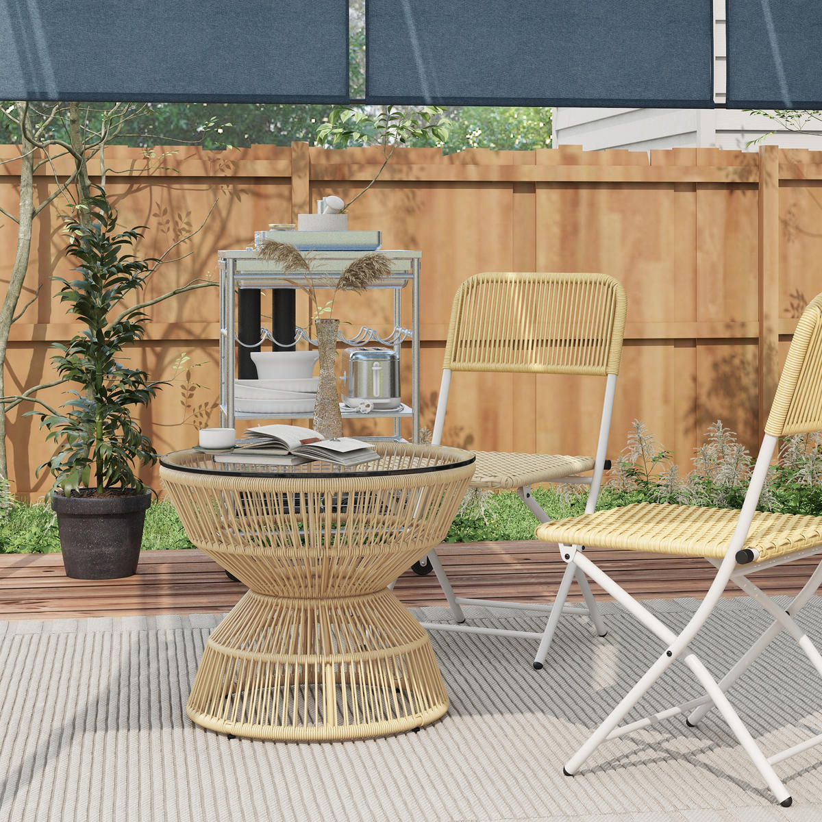 GARTENTISCH, Naturholz, PE Rattan, Hartglas - Braun, Kunststoff (60/60/50cm) - Outsunny