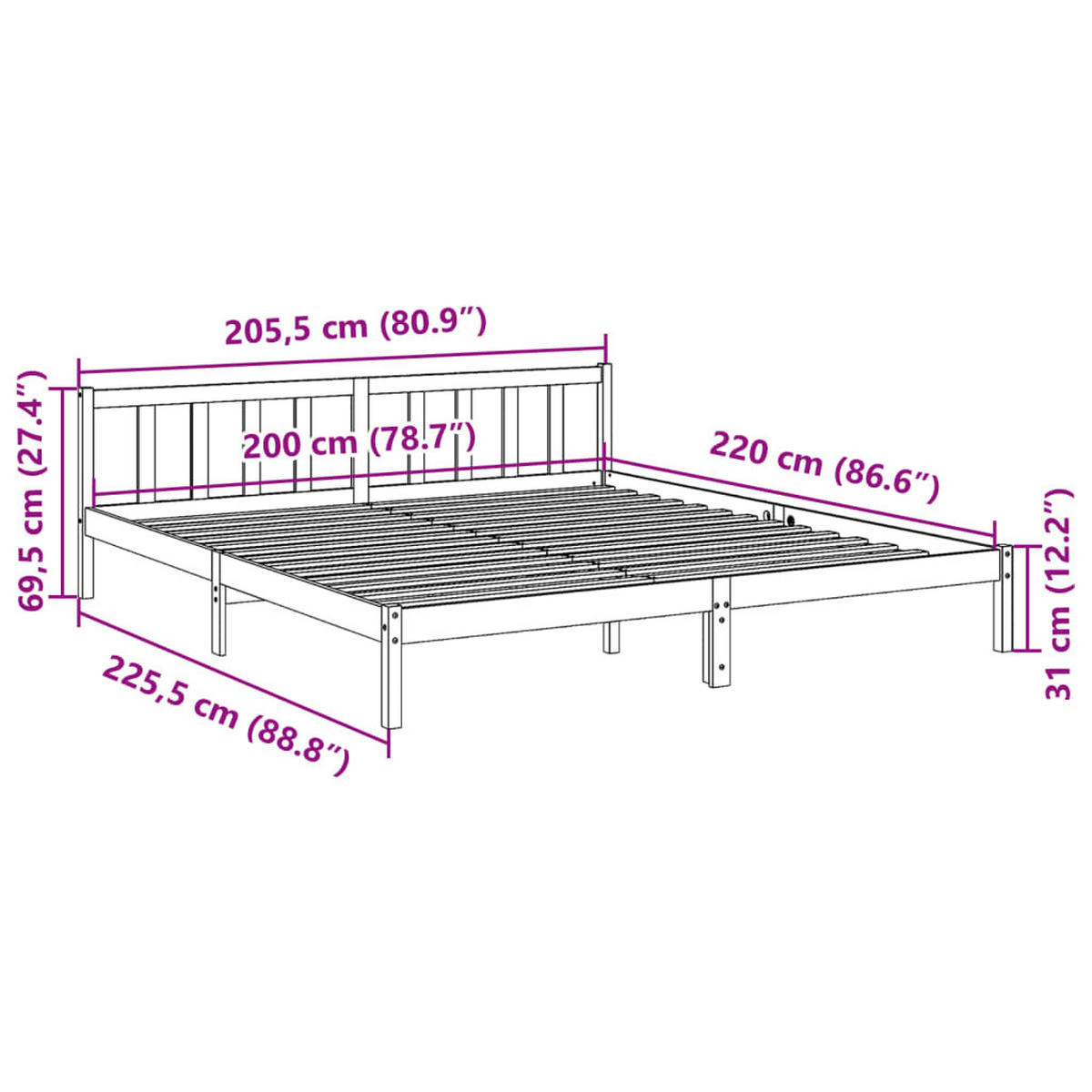 MASSIVHOLZBETT Extra Lang Ohne Matratze Weiss 200/220 Kieferholz - Weiß, Holz (90/200cm) - vidaXL