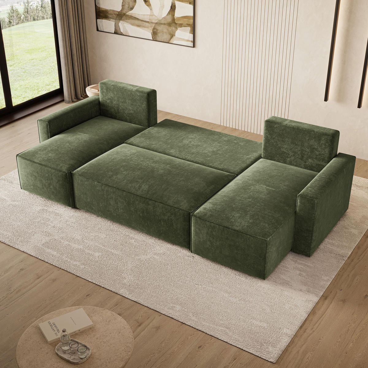 WOHNLANDSCHAFT ASPRA LM Grün Chenille mit Schlaffunktion - Grün, Holz (295/85/140cm) - MASSENO