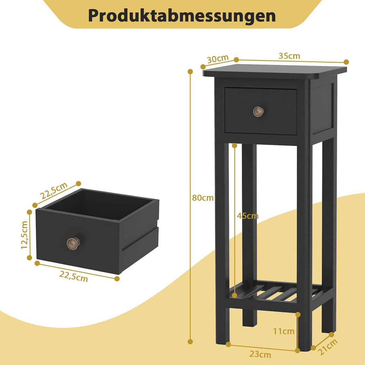 BEISTELLTISCH 80cm Schwarz - Schwarz, Holz (30/35/80cm) - COSTWAY