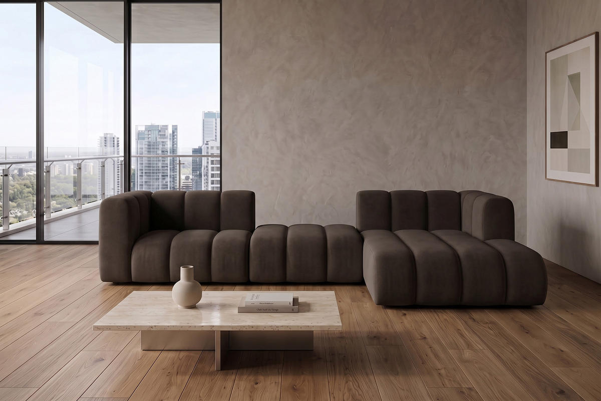 ECKSOFA Modulares In L-Form, Velvet-Stoff Riviera, Braun, Rechts, GRAND 319 cm - Braun, Holz (319/175cm) - Kaiser Möbel