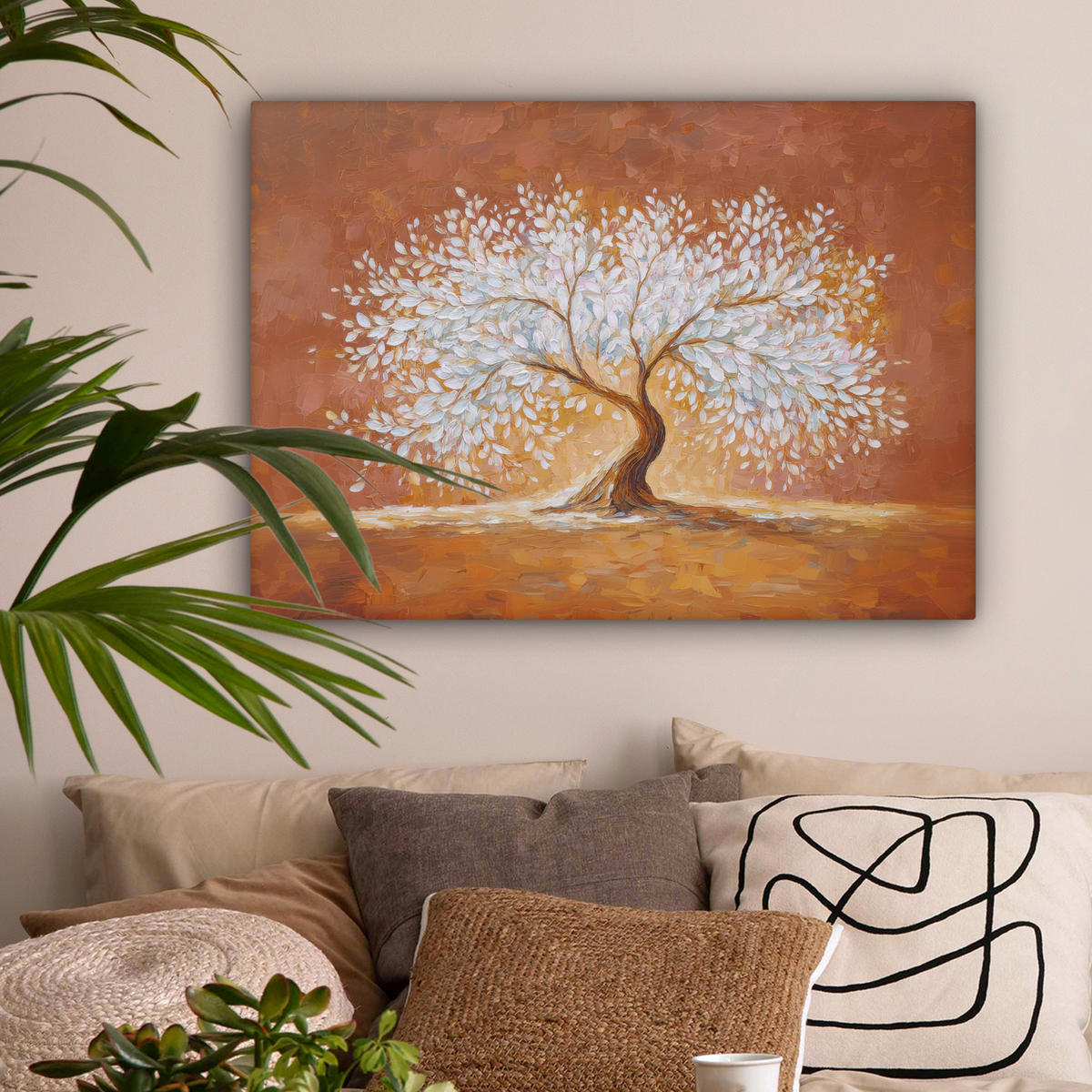 LEINWANDBILD Abstrakt - Baum - Weiß - Blätter Wandbilder 80x60 cm - Braun, Textil (80/60cm) - MuchoWow