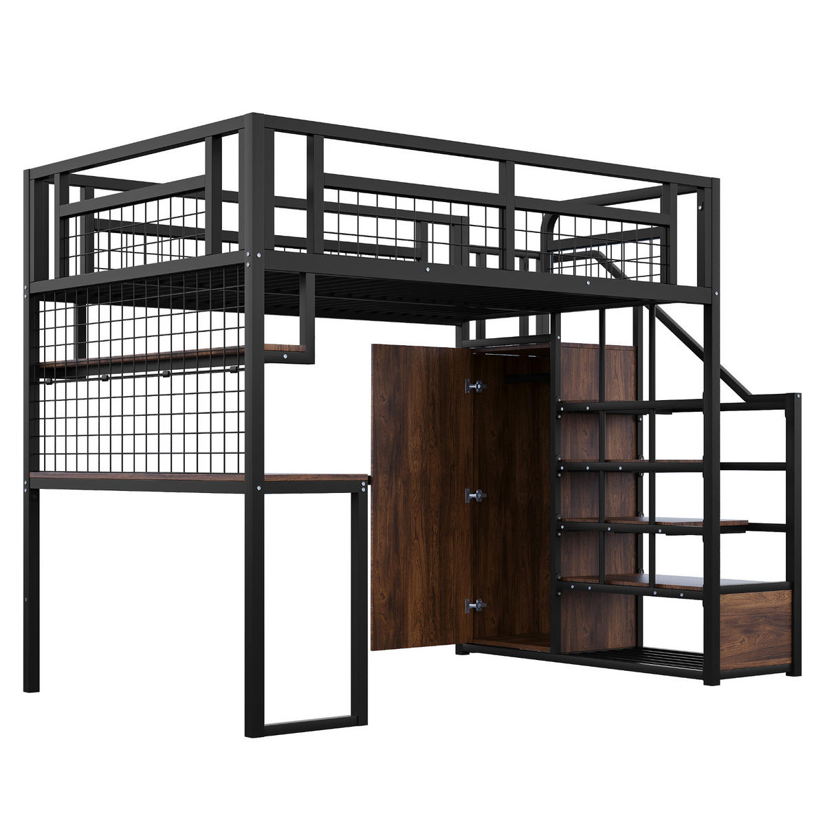 HOCHBETT 140/200 cm in Schwarz mit Stauraumtreppe, Kleiderschrank, Tisch, Regal, Lichtleiste und Steckdose - Schwarz, Holz/Metall (140/200cm) - STILVORA
