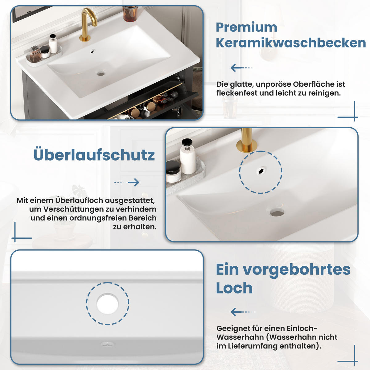BADEZIMMERSCHRANK Schwarz Hochglanz 4 Schubladen Tür 61cm - Schwarz, Keramik (61/86/47cm) - FLIEKS