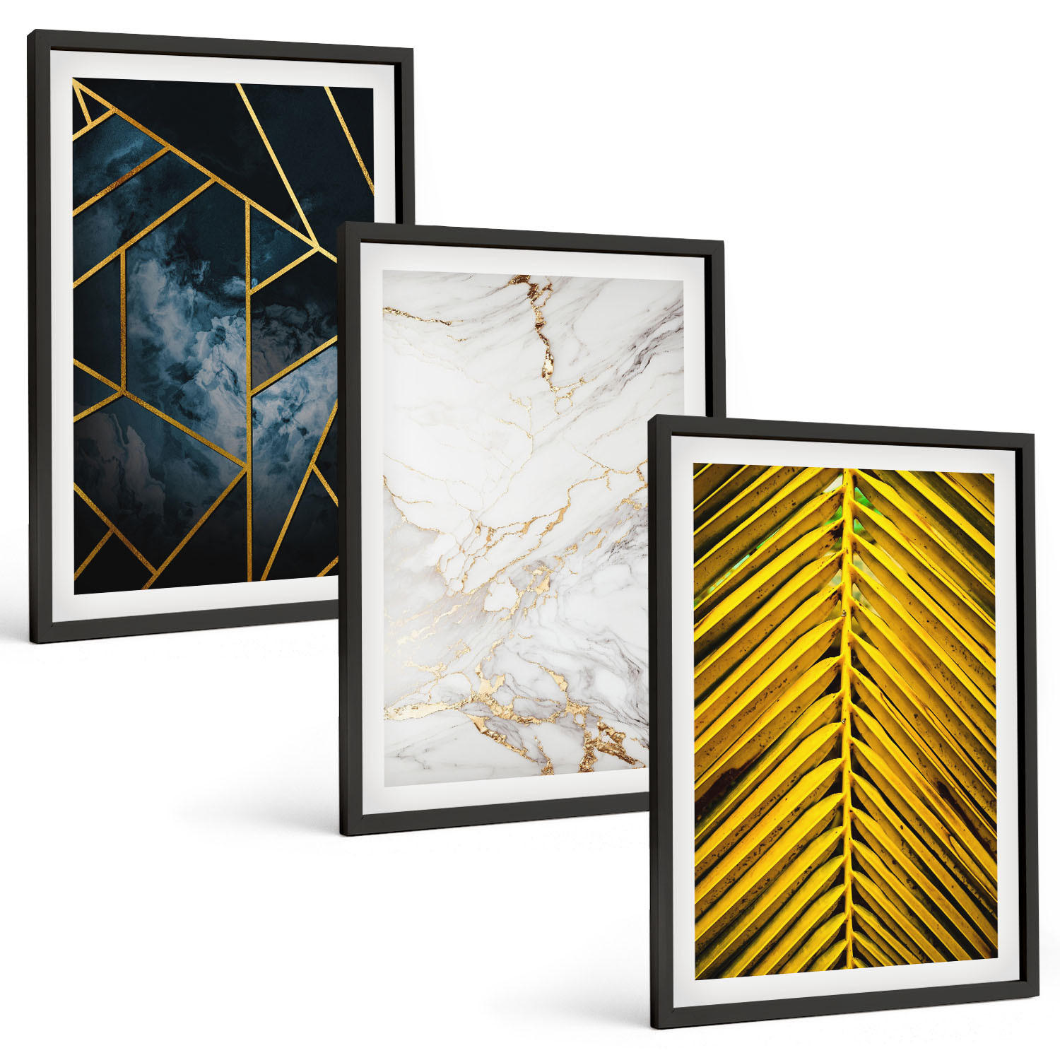 BILDER SET 3er Set - 40x60 cm Schwarzer Rahmen - Geometrische Muster und Vegetation - Schwarz, Kunststoff (40/60cm) - TULUP