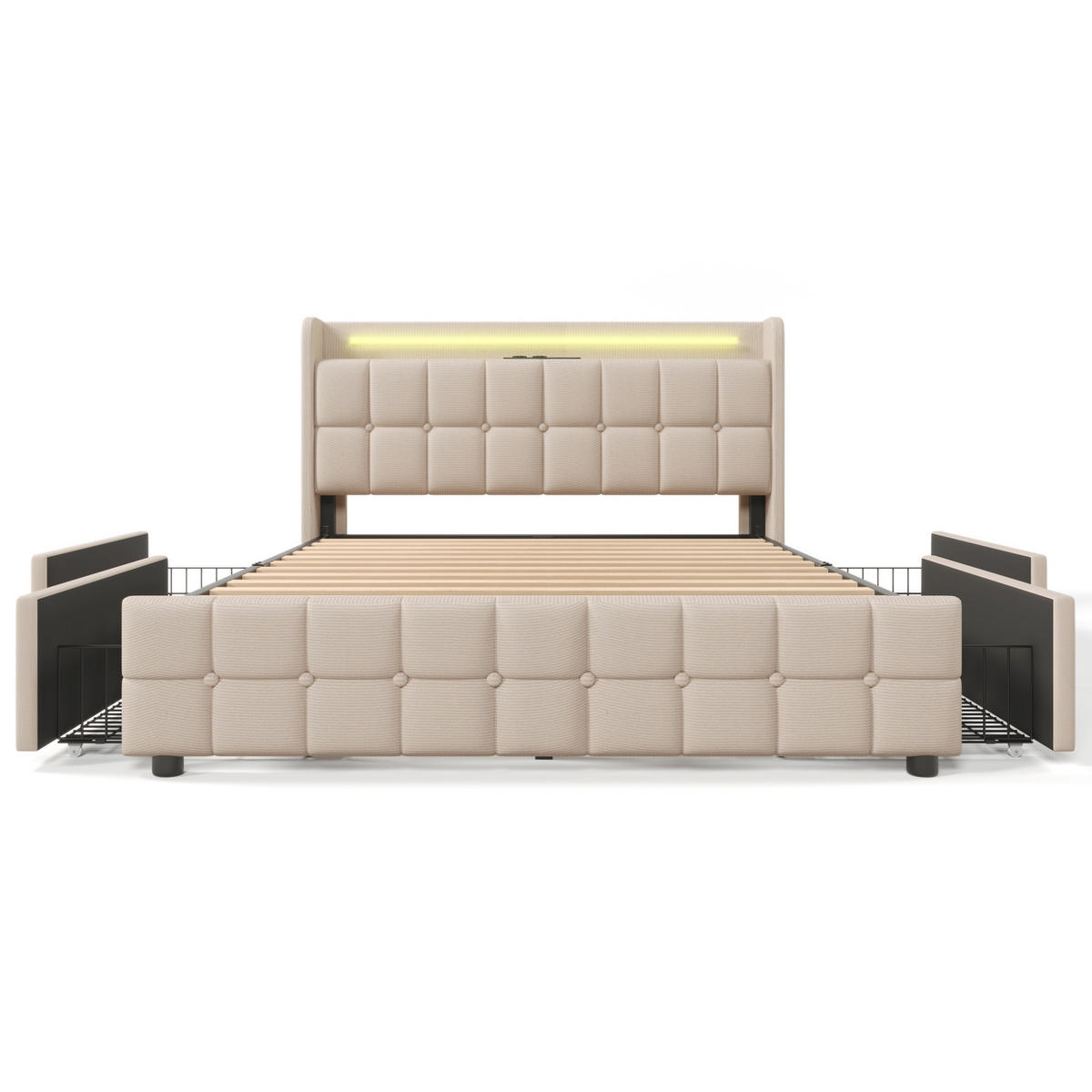 POLSTERBETT mit LED-Beleuchtung 160/200 cm mit 4 Schubladen & USB, Beige - Beige, Holz (160/200cm) - BEAOK