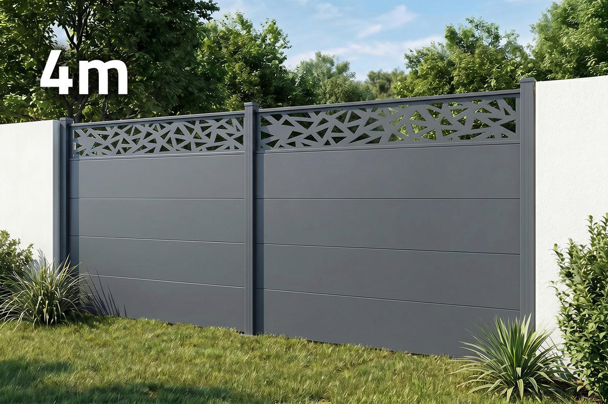 ALUMINIUMZAUN mit breiten Latten 4m H.150cm anthrazitgrau – geometrisches Muster von ALPIS RUIVO - Grau, Metall (400/150cm) - Sicaan