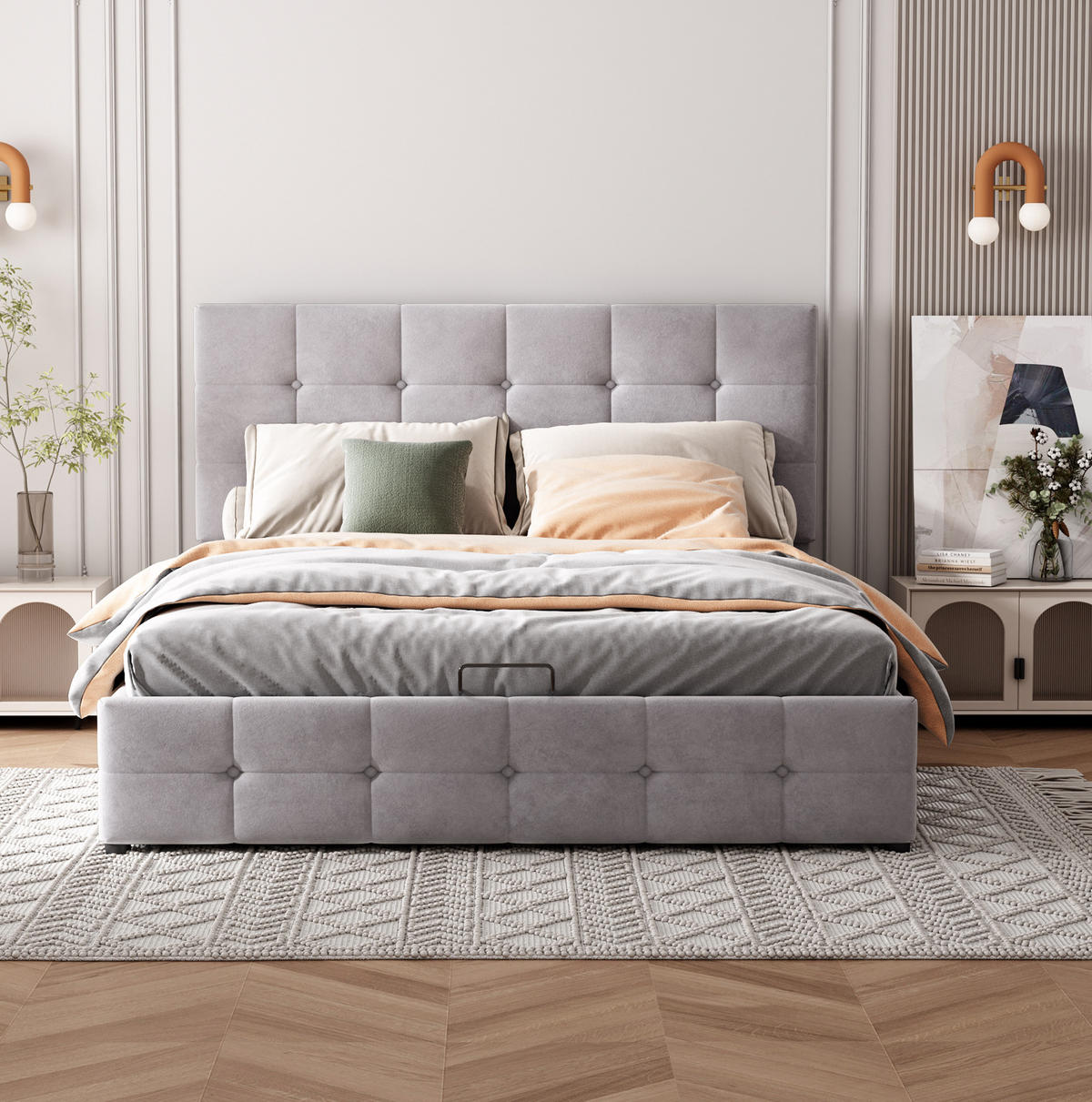 SAMT-POLSTERBETT 140/200 cm mit Bettkasten und gepolstertem Kopfteil - Grau, Textil (140/200cm) - BEAOK