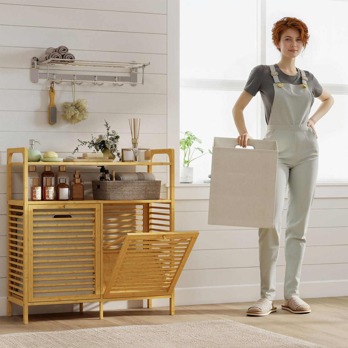 WÄSCHEREGAL DE-10375 mit 2 Wäschekörben Naturholz - Naturfarben, Naturmaterialien (82/88/33cm) - ComfortXL