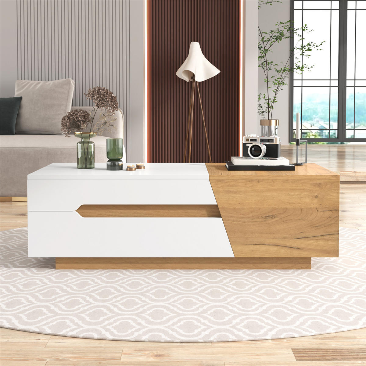 COUCHTISCH 120x50x37,5 Schubladen Farbblock Design - Weiß, Holz (120/50/37.5cm) - Kaket