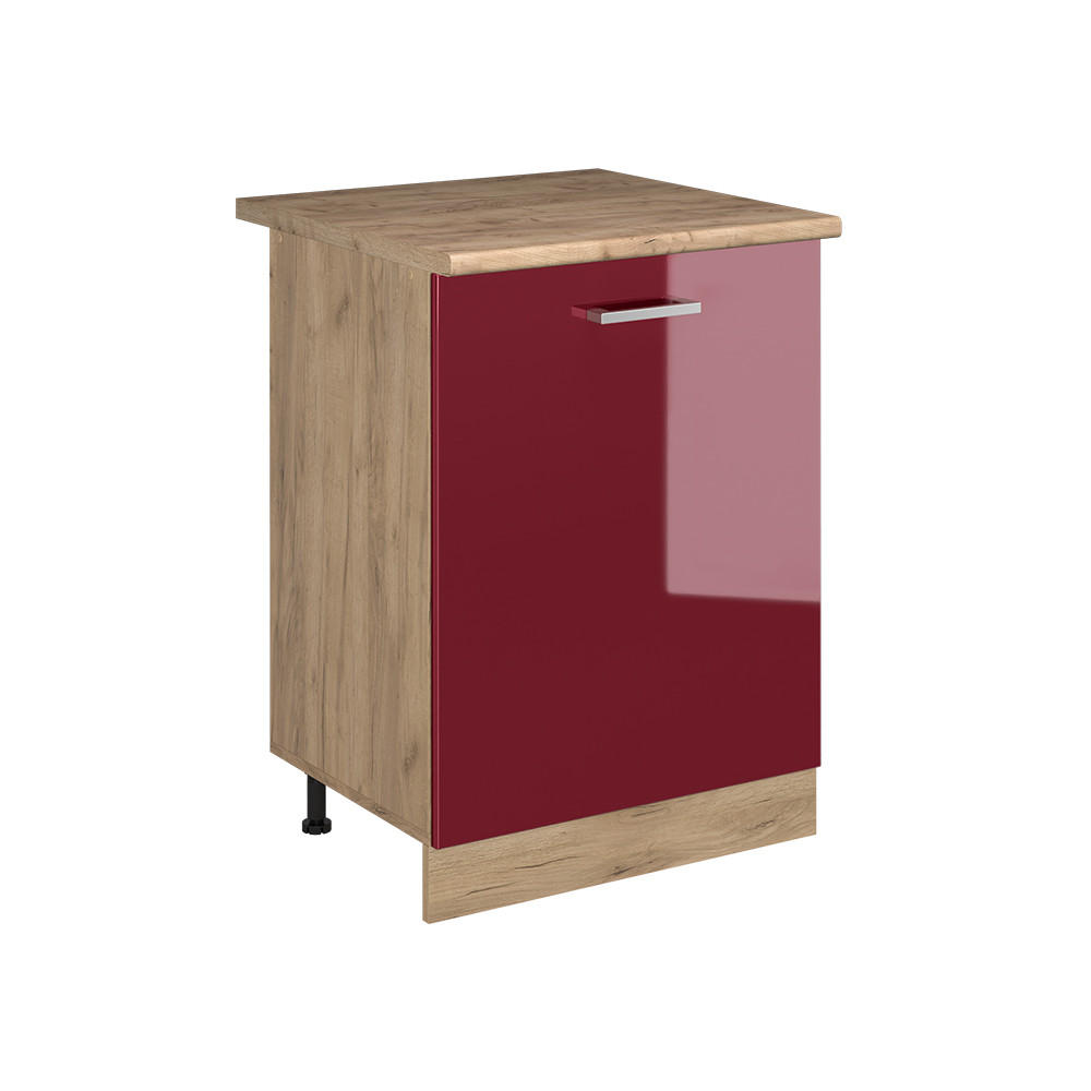 KÜCHENUNTERSCHRANK R-Line, Rot Hochglanz/Goldkraft Eiche, 60 cm mit 1 Tür Arbeitsplatte Goldkraft Eiche - Eichefarben/Rot, Holzwerkstoff (60/81.6/60cm) - Vicco