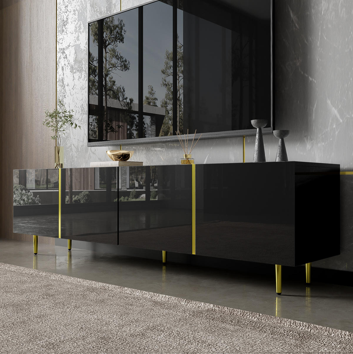 TV stolek 170/35/46 cm s vysokým leskem, 4 dvířky, měkkým dovíráním a úložným prostorem, Černá - černá, kompozitní dřevo (170/46/35cm) - Redom