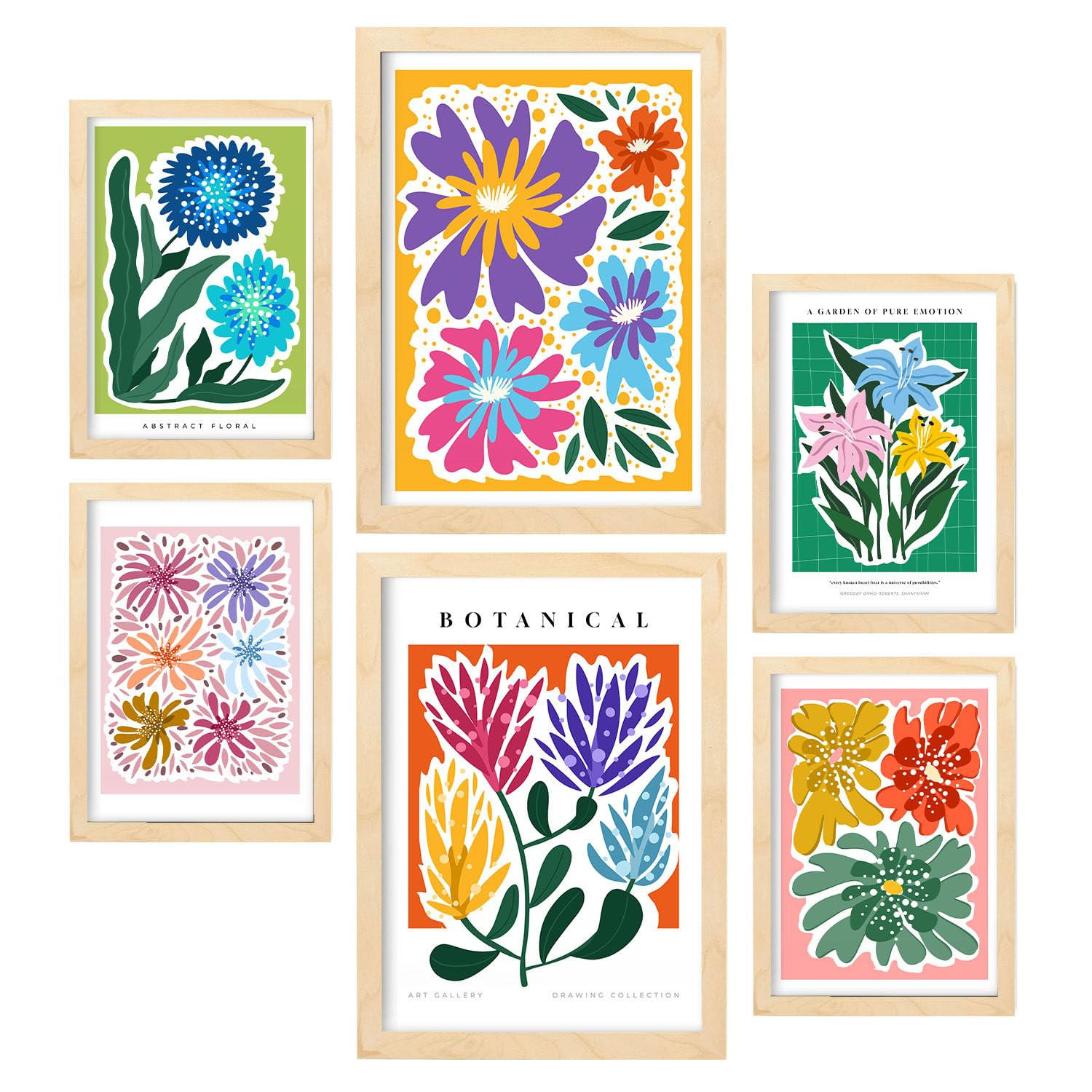 POSTER Set Mit 6 Feder Blatt Zusammenfassung A3 & A4 Rahmen Aus Hellem Holz - Beige, Papier (29/3cm) - Nacnic