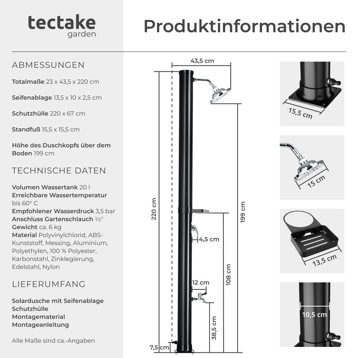 SOLARDUSCHE Tinto, extra Wasserhahn, inklusive Schutzhülle, schwarz - Schwarz, Kunststoff (15.5/221/42.5cm) - tectake