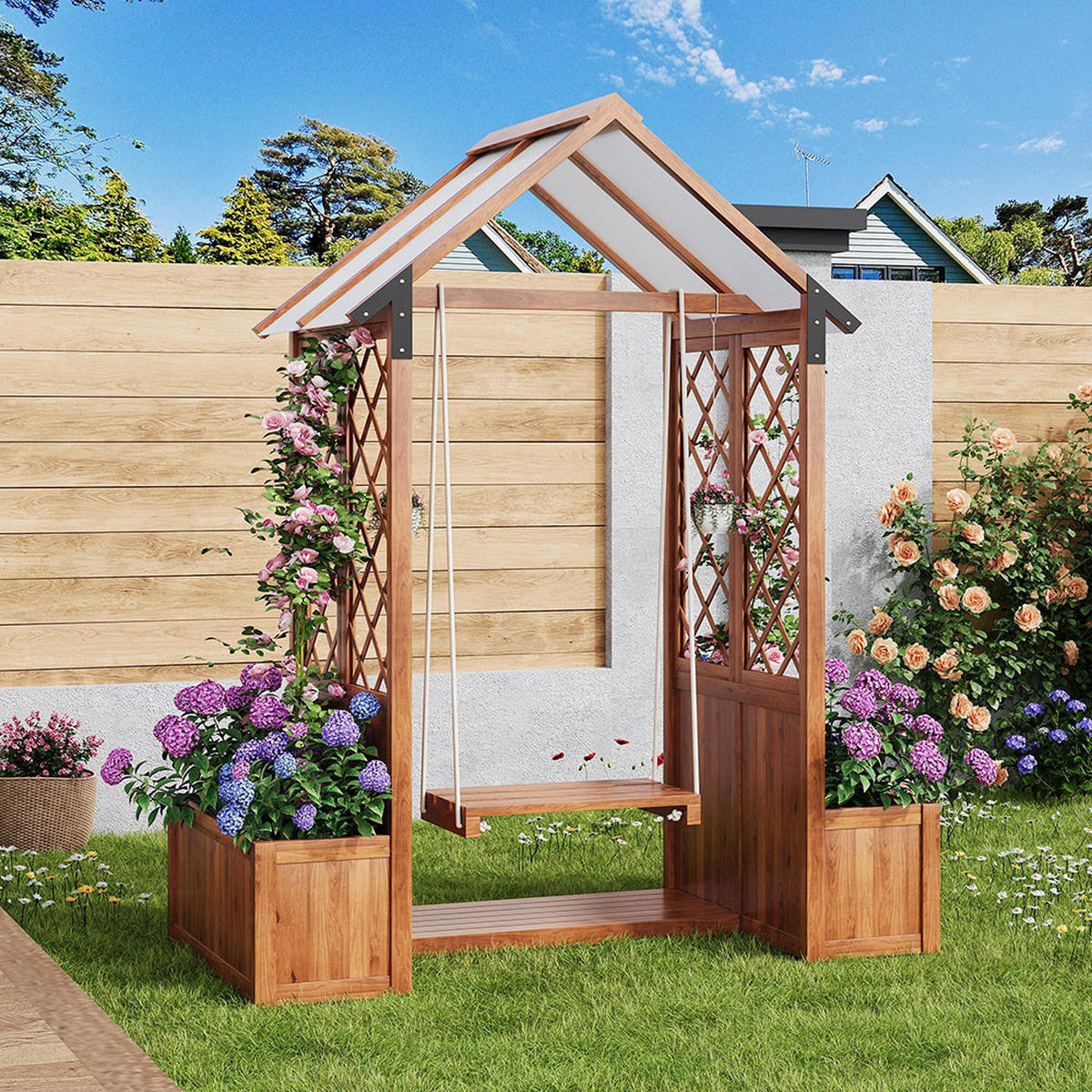 BLUMENKASTEN mit Spalier als Kletterhilfe，Braunes Massivholz - Braun, Holz (70/163/142cm) - KOMHTOM