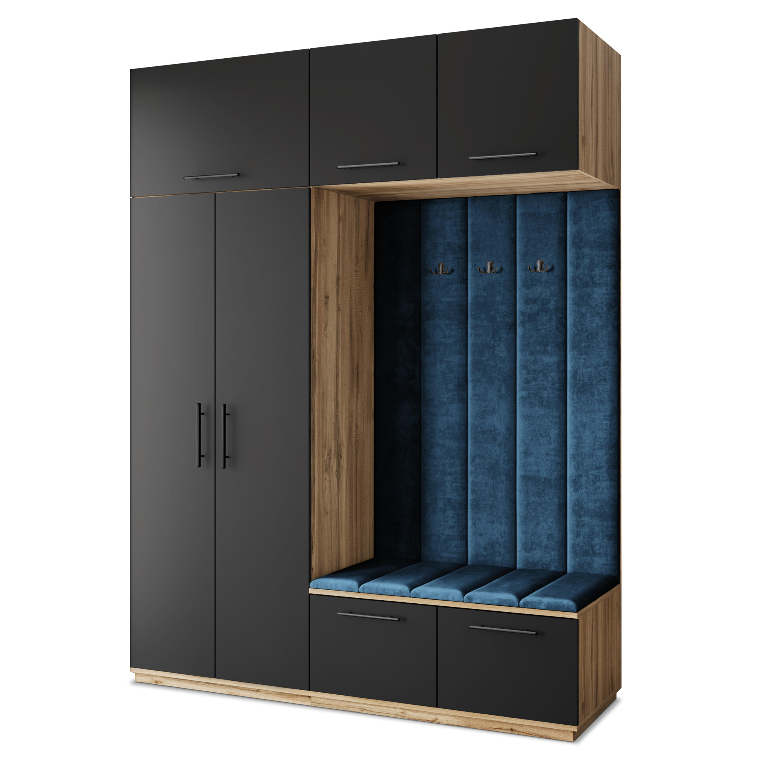 Masseno Garderobenschrank Eiche Wotan, Schwarz, Blau 180x240x60 cm