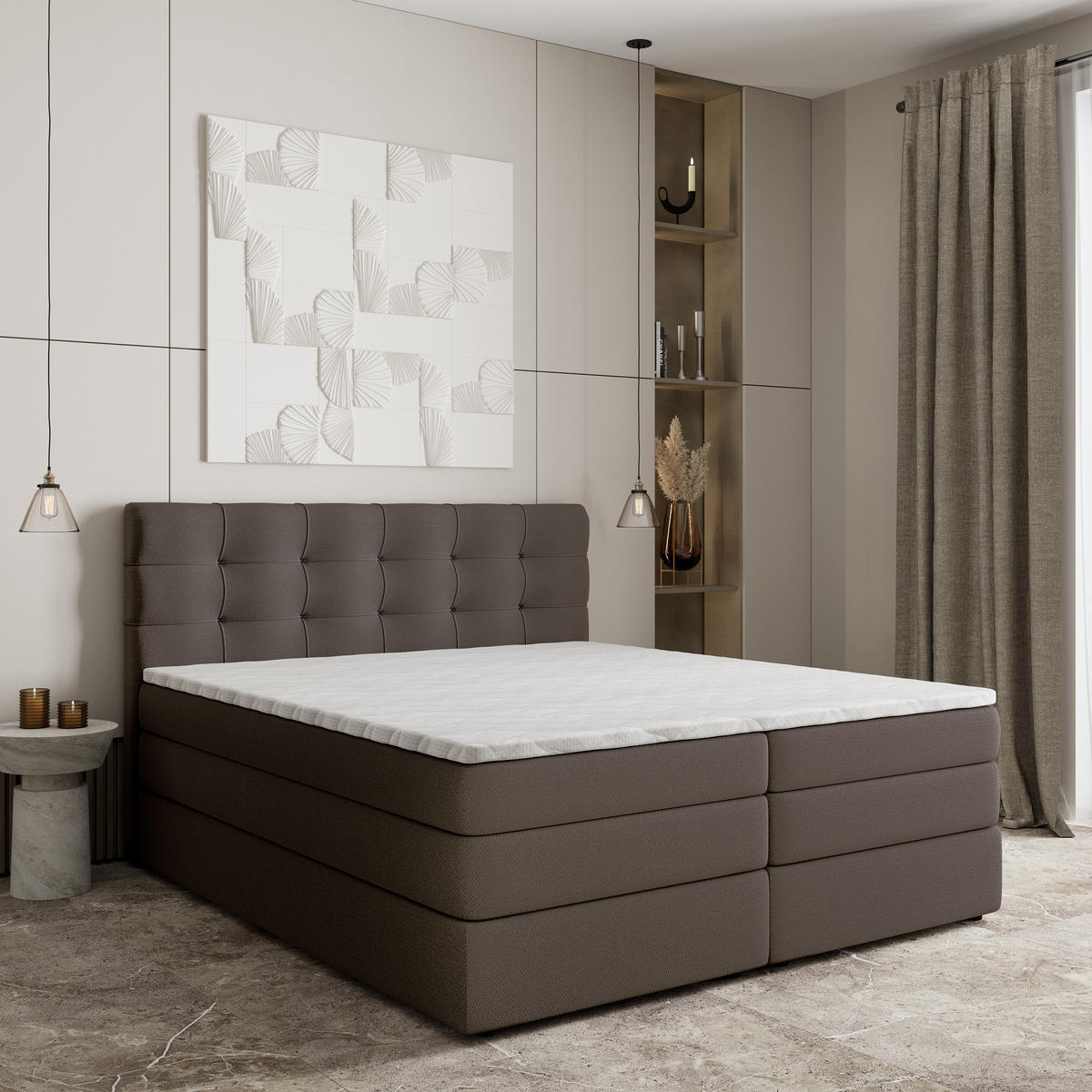BOXSPRINGBETT AREZI 140x200 cm mit Matratze und Topper - Braun - Braun, Holz (140/200cm) - MASSENO