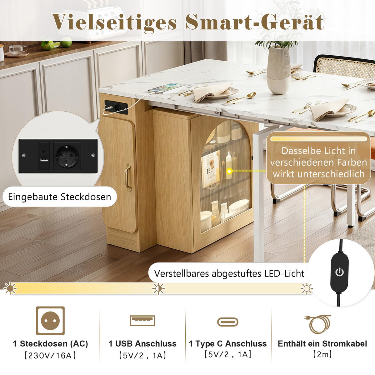 KÜCHENINSEL mit ausziehbarer Tischplatte DE-39555 Natur - Naturfarben, Holzwerkstoff (83/77/39.6cm) - ComfortXL