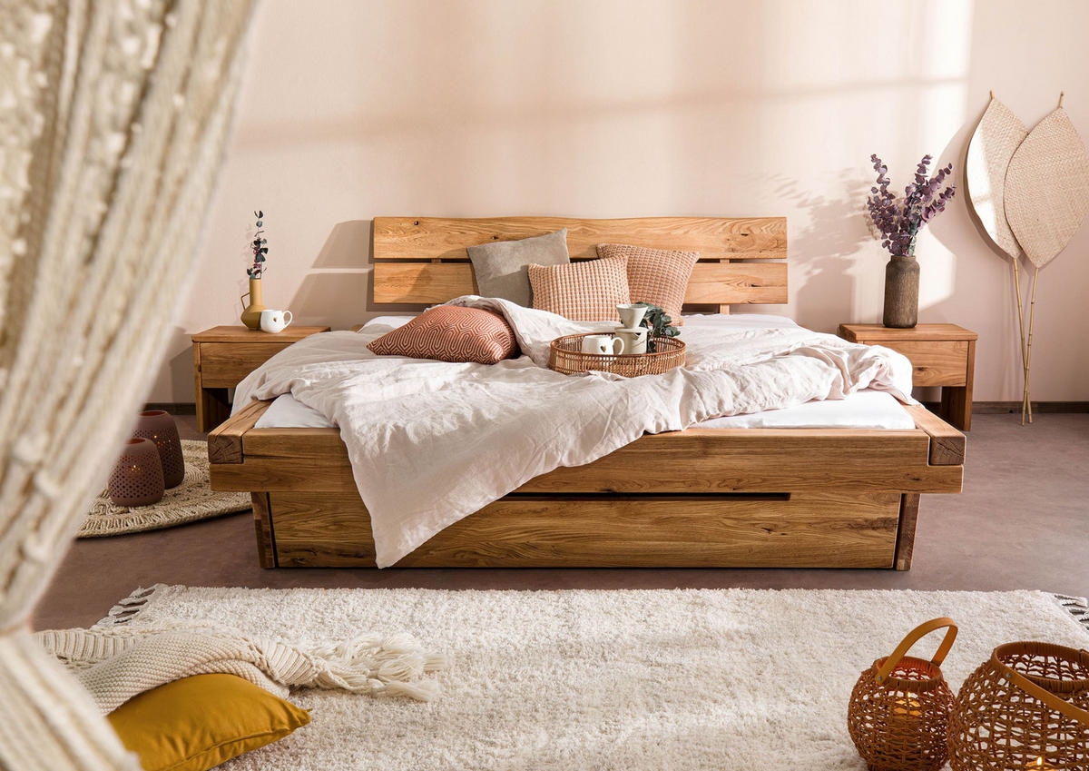 BETT mit Schublade Massivholz Wildeiche 200 x 200 x 84 natur BALKENMÖBEL #300 - Braun, Holz (200/200cm) - Massivmoebel24