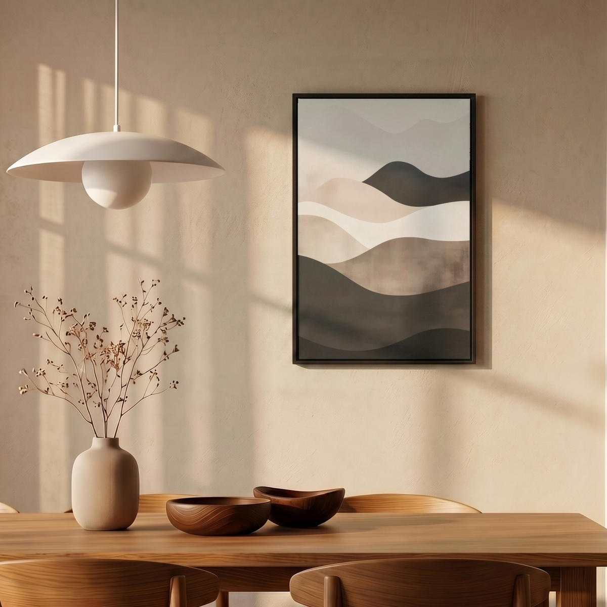 LEINWAND Bilder mit Rahmen - Abstrakt - Landschaft - Wellen - Cremefarben - 40x60 - Cappuccino, Textil (40/60cm) - MuchoWow
