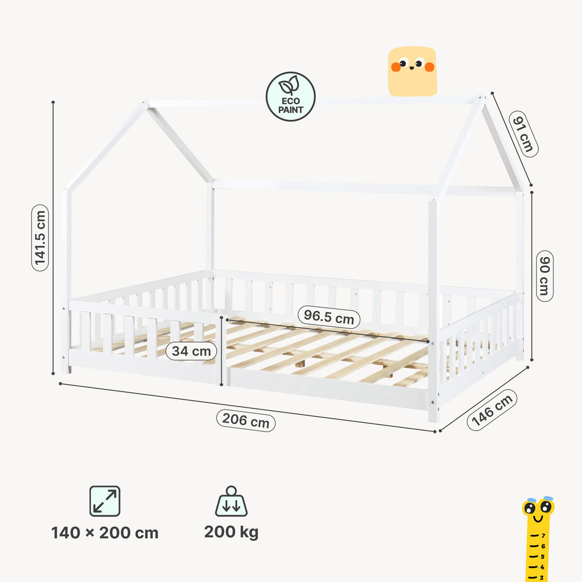 HAUSBETT Hesel - Weiß, Holz (140/200cm) - [en.casa]