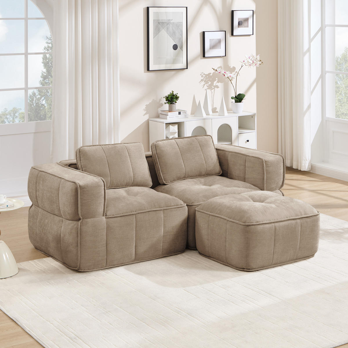 ECKSOFA DE-34428 L-Form mit Hocker Sand - Sandfarben, Textil (93/198cm) - ComfortXL