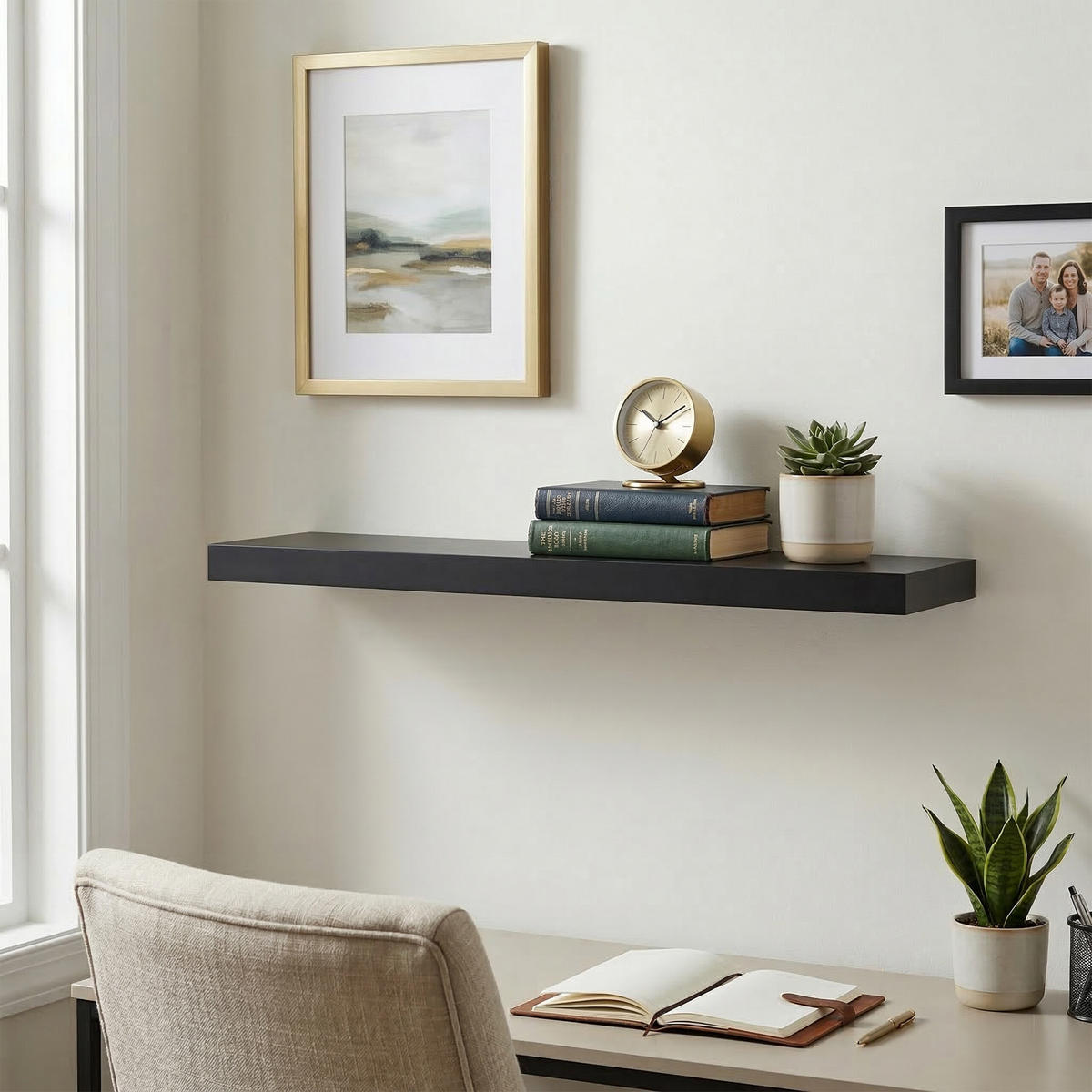 NÁSTENNÁ pol. - čierna, kov/kompozitné drevo (80/4/23cm) - Relaxdays